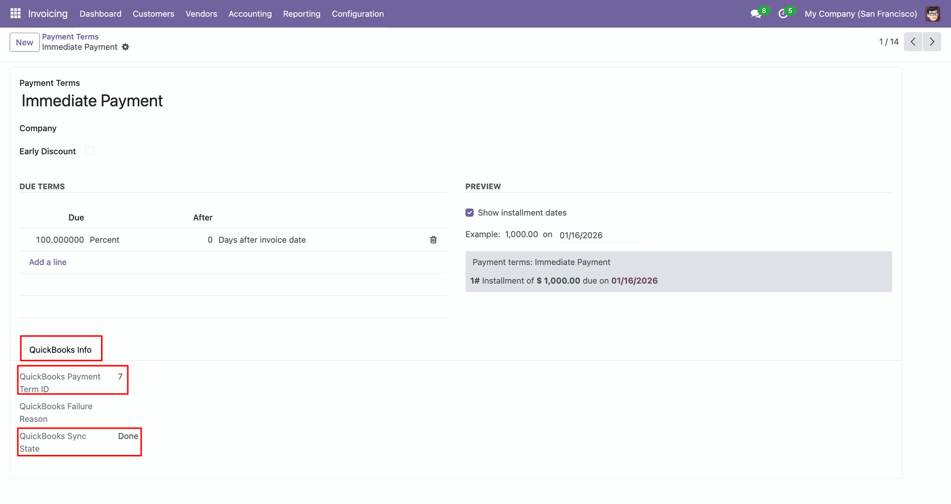 Payment Term details with QuickBooks sync status.