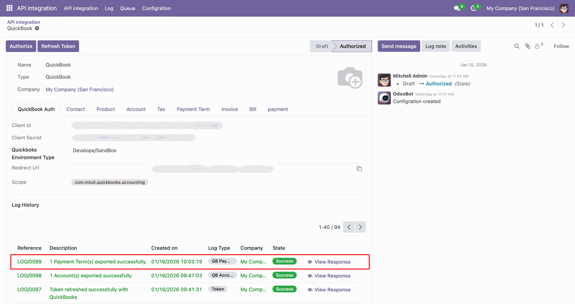 Payment synchronization log with export details.