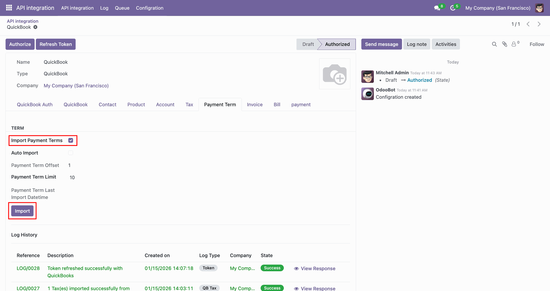 Payment Terms tab with Import Payment Terms option enabled.
