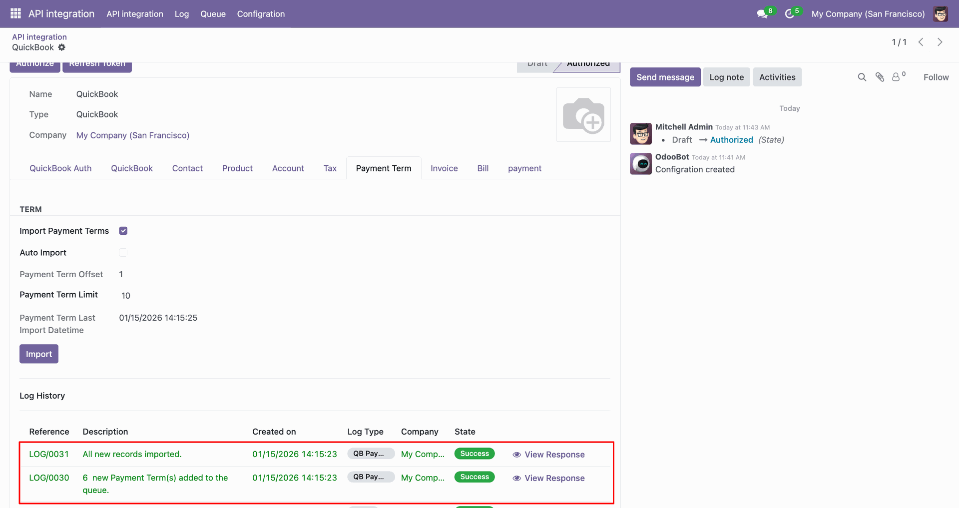 Payment Term import log showing successfully imported records.
