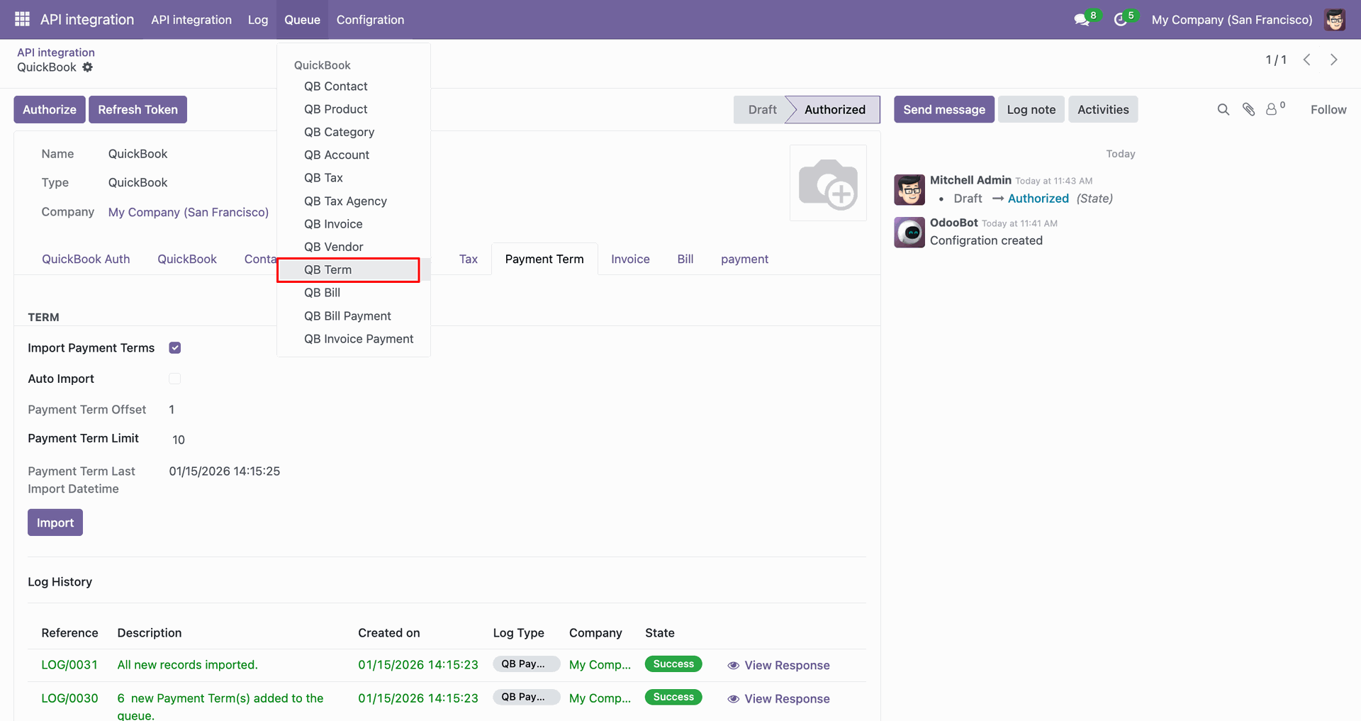 QuickBooks Term option selected from the Queue menu.
