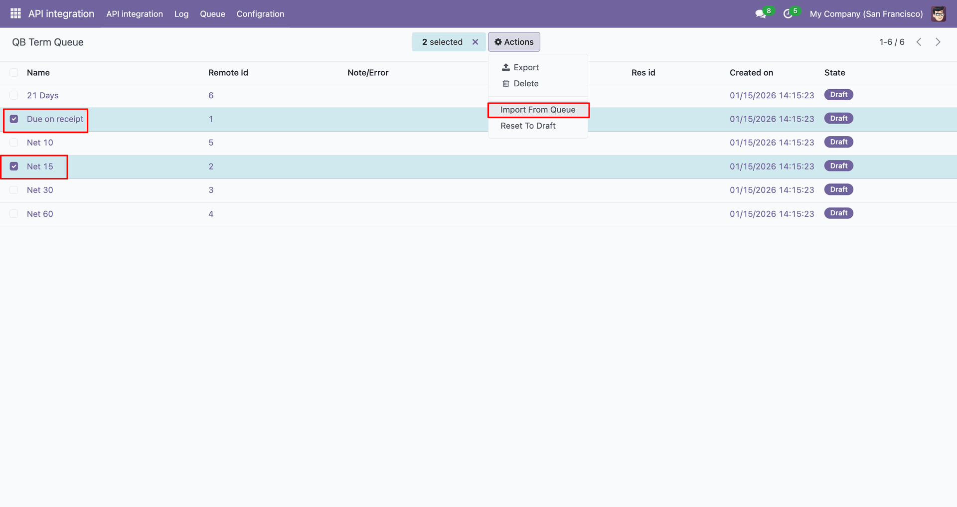 QB Term queue with the Import from Queue action.