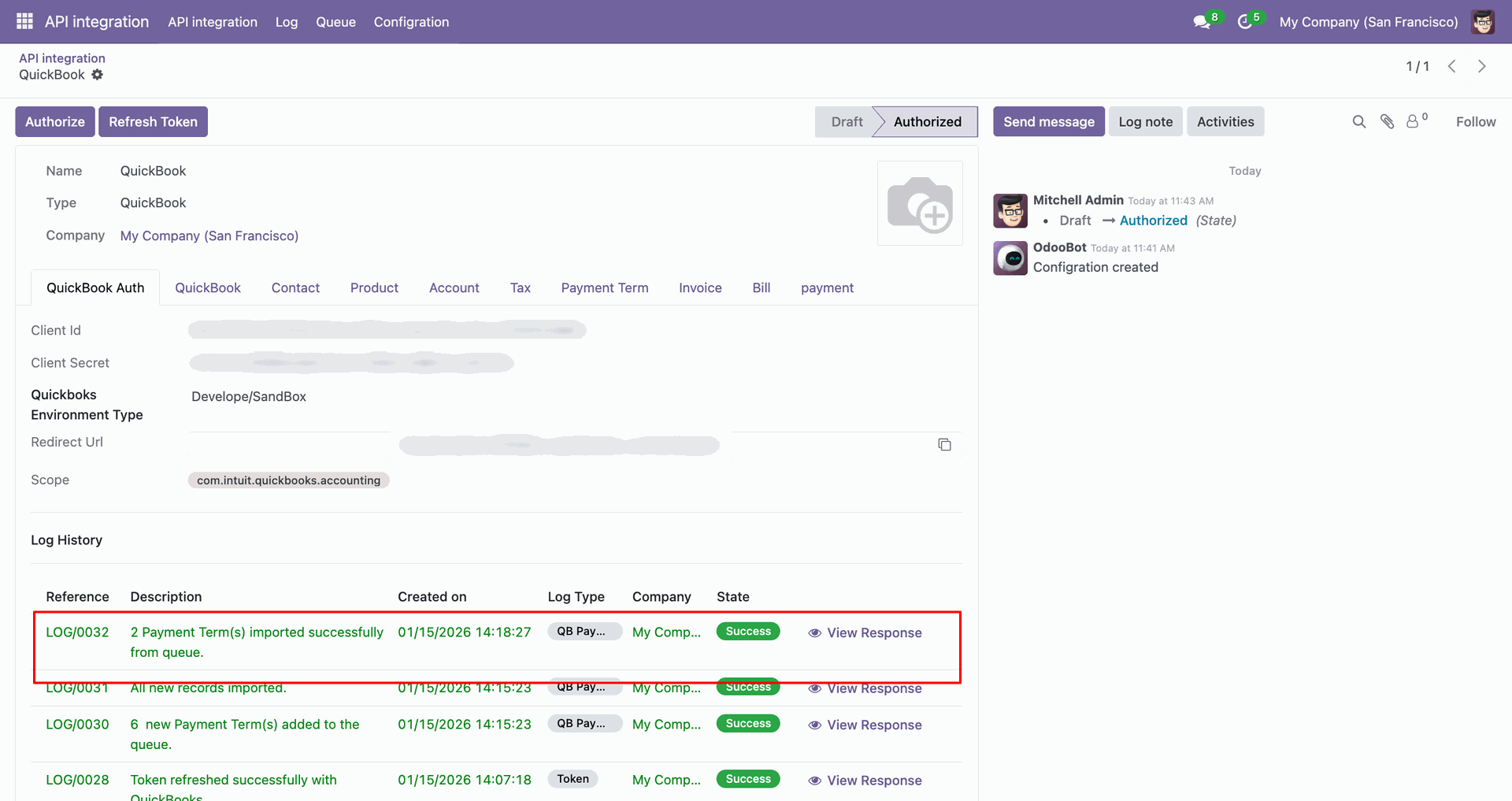 Payment Term synchronization log with import details.