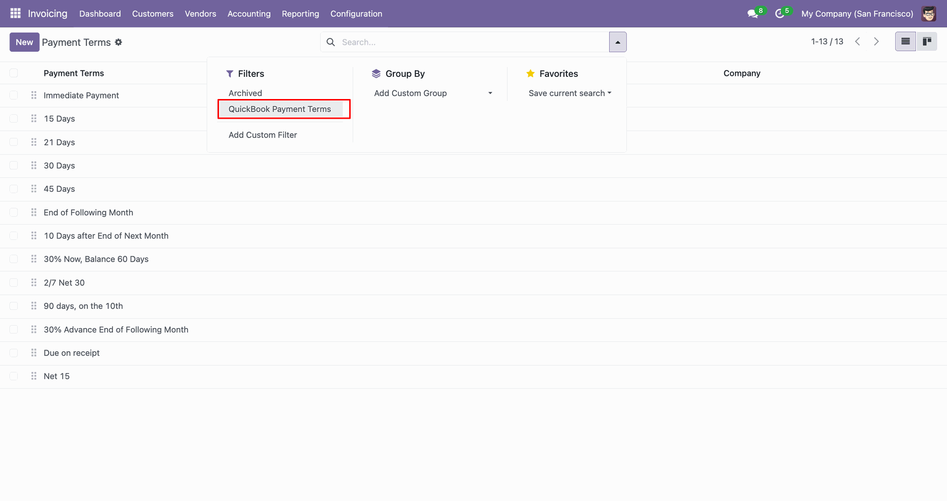 Payment Terms filter options with QuickBooks Payment Terms selected.