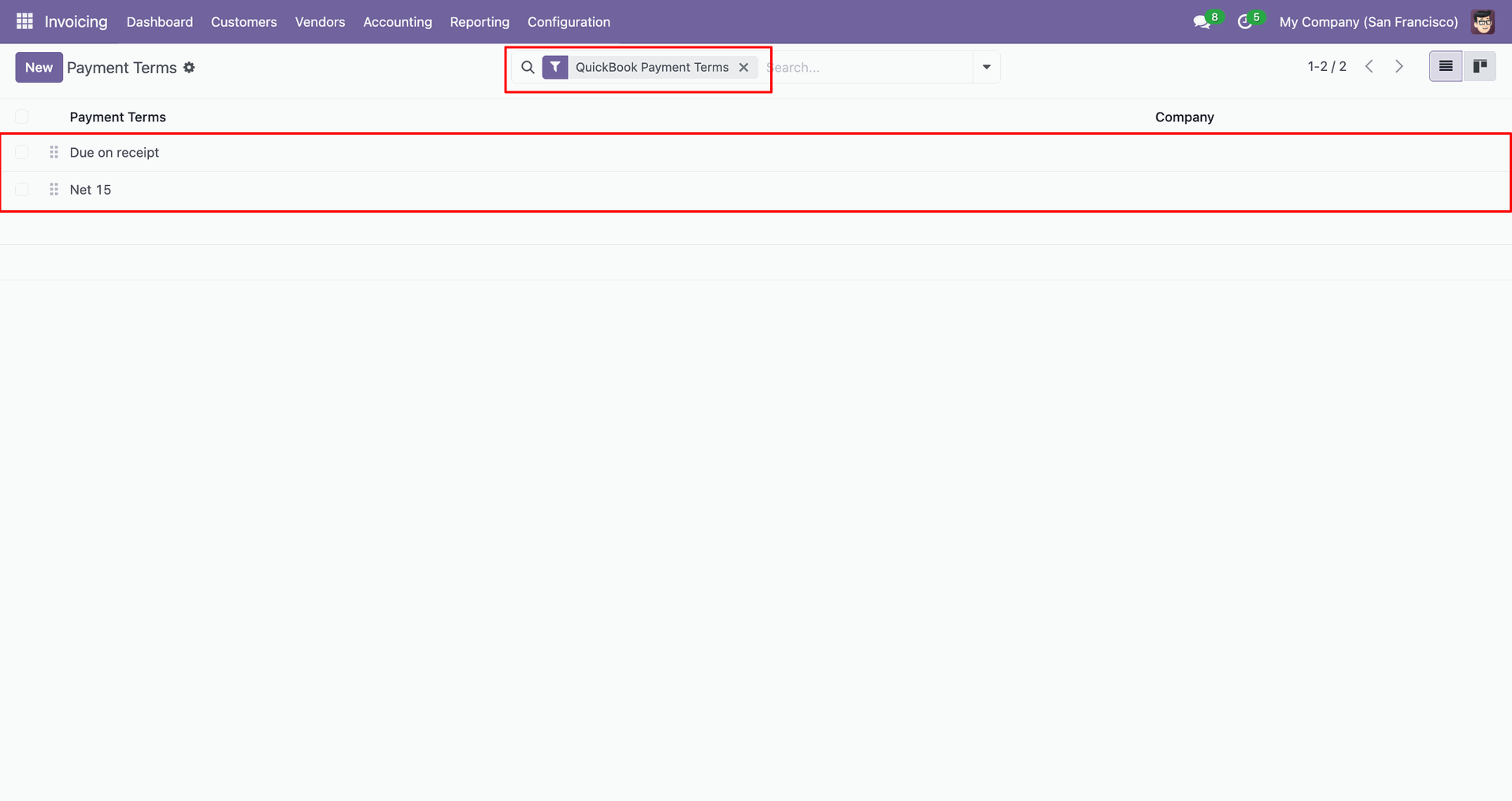 Filtered Payment Terms results showing matching records.