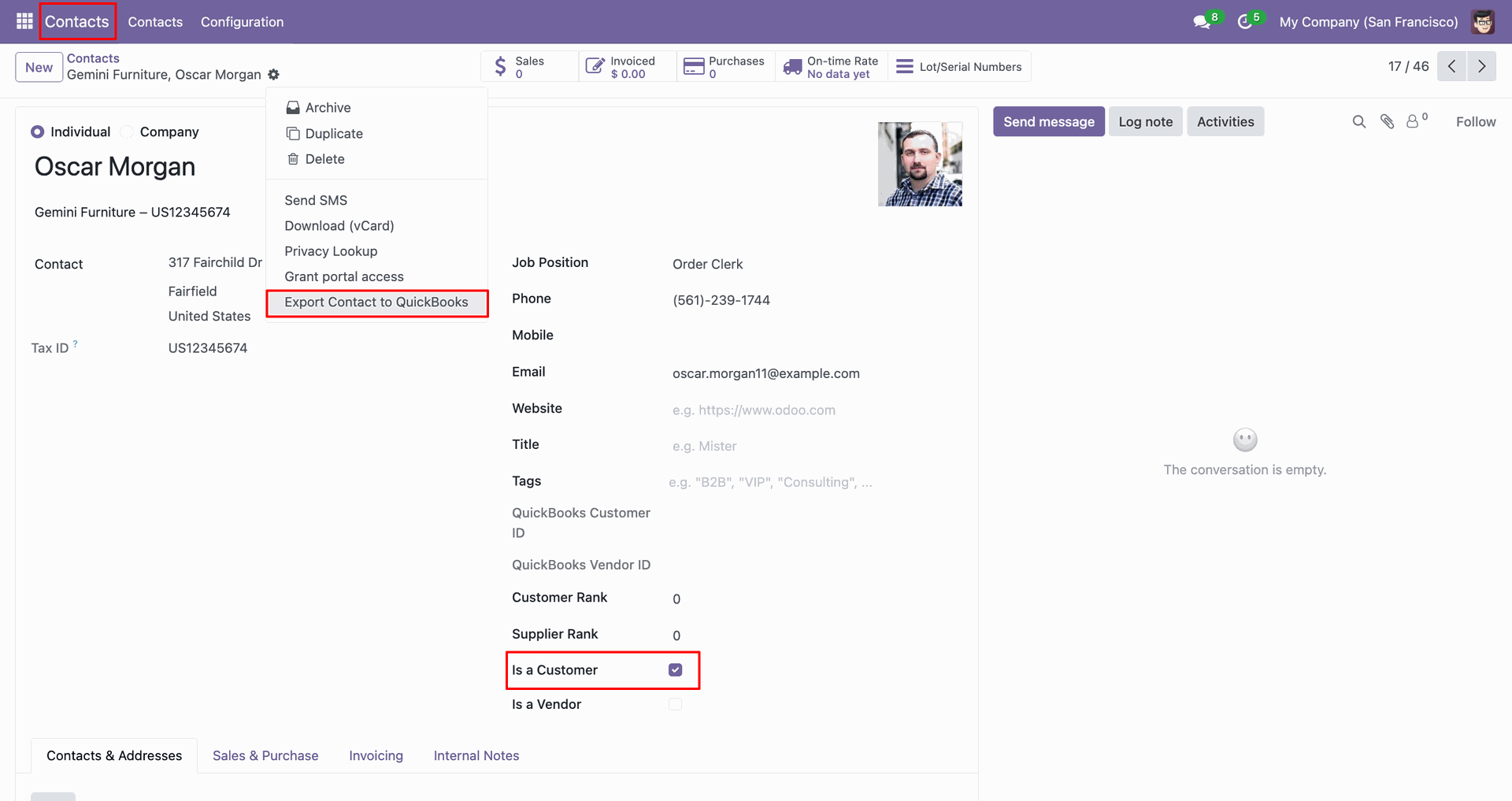 Customer contact with the QuickBooks export option enabled.
