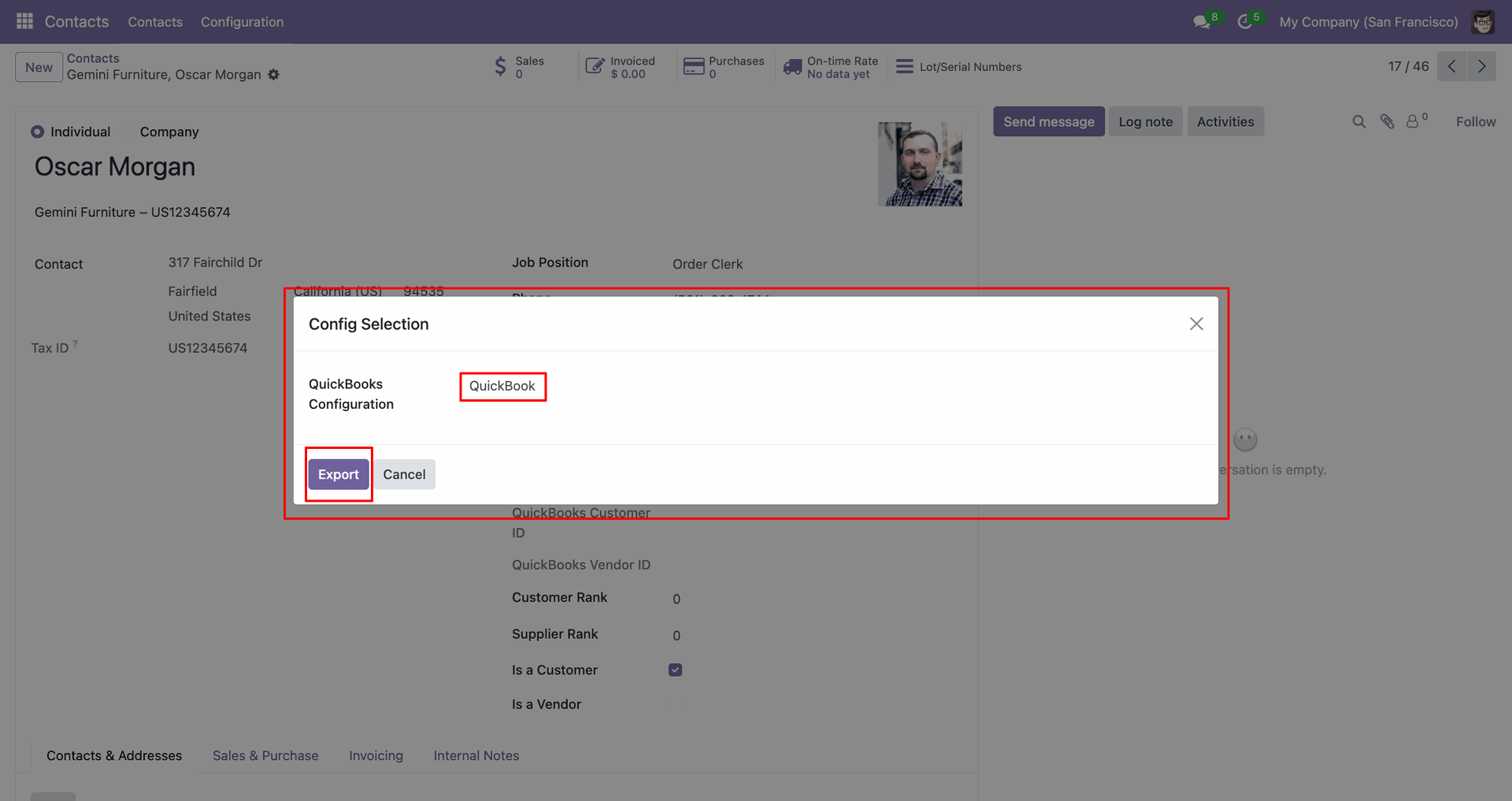 QuickBooks customer export configuration popup.