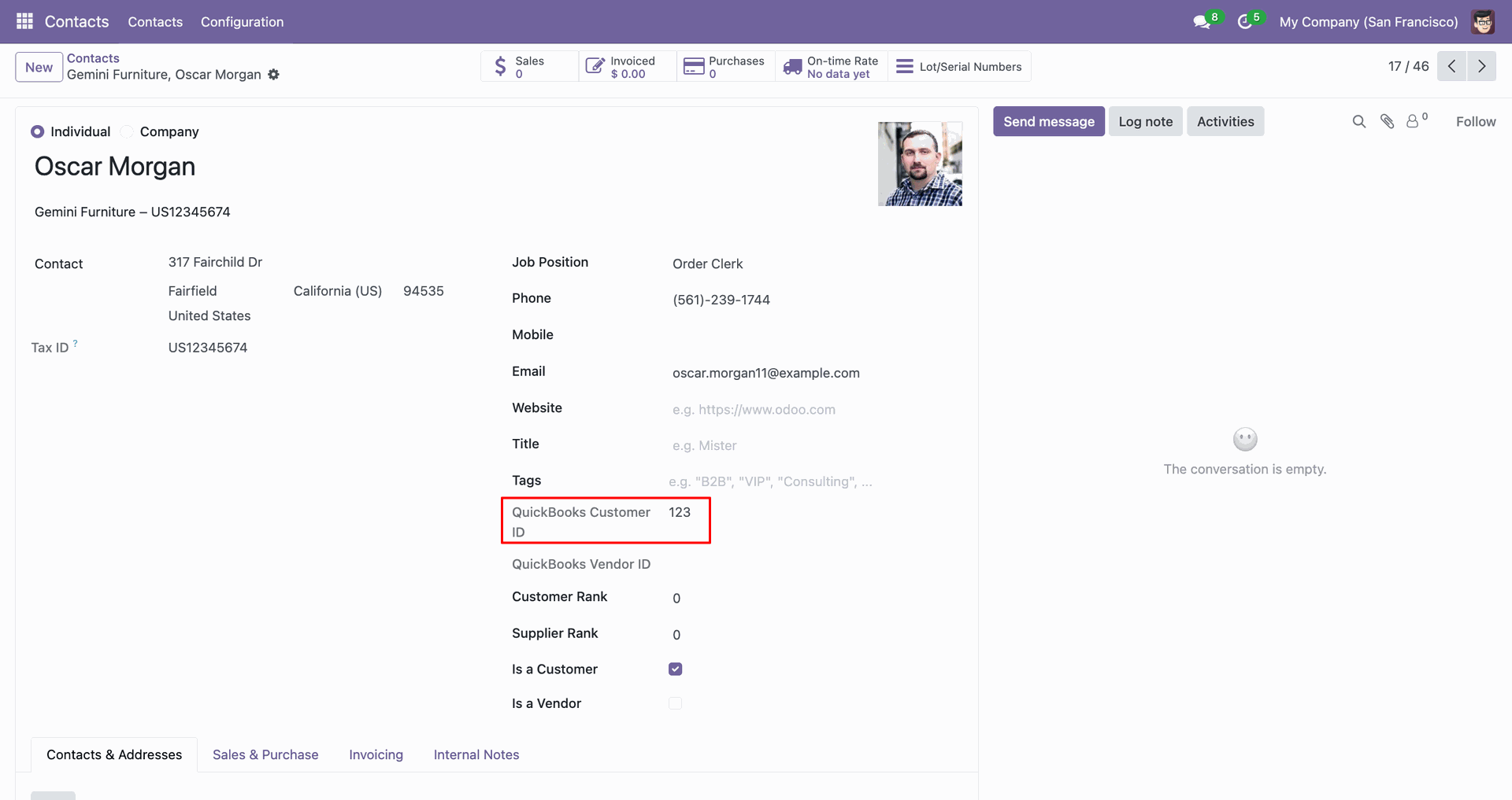 Customer details showing the QuickBooks customer ID.