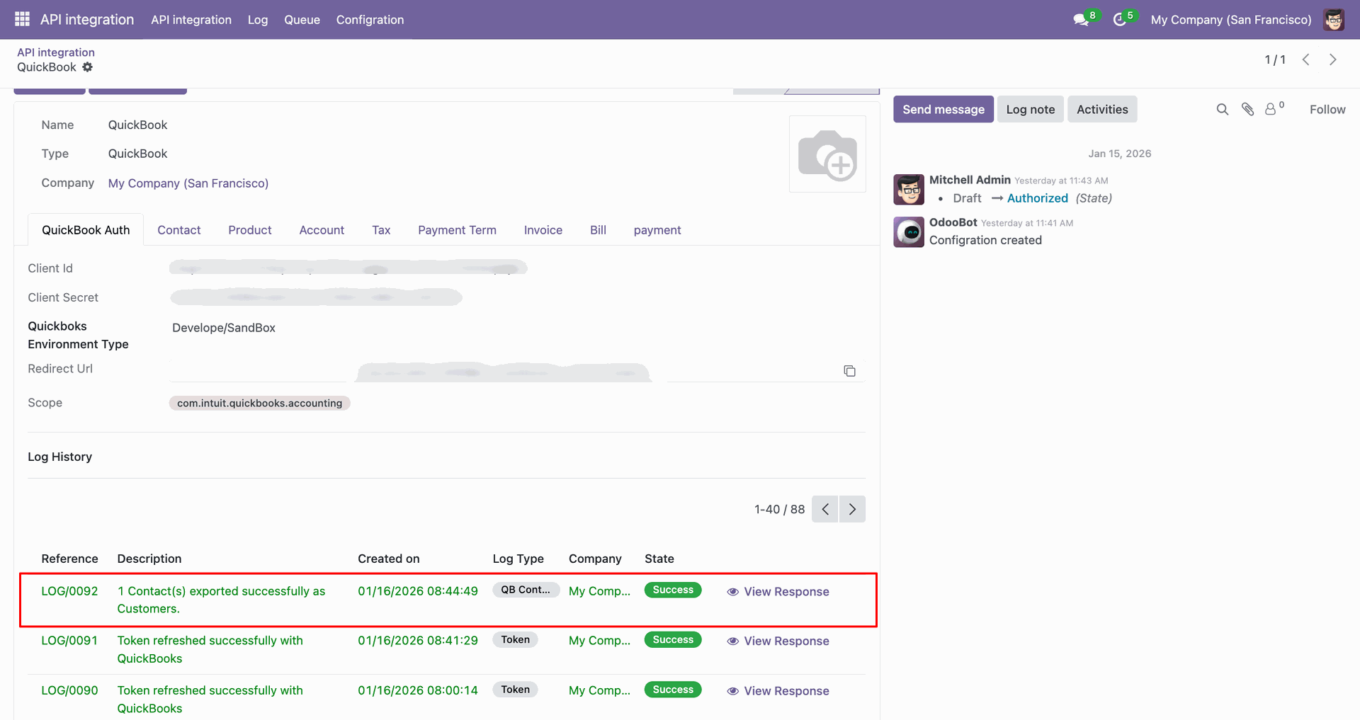 Customer synchronization log showing successful export details.