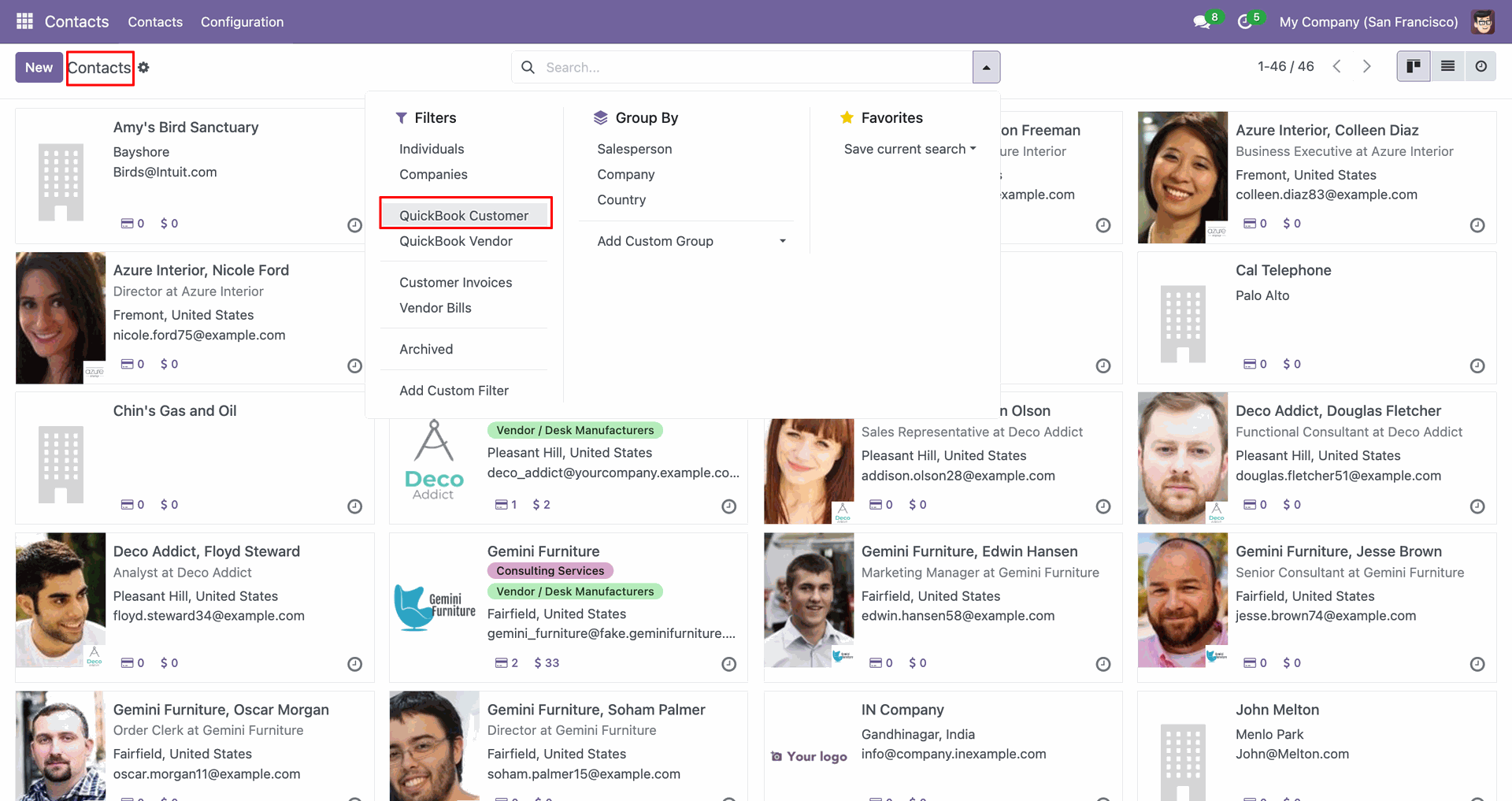 Contacts filtered by QuickBooks Customer.