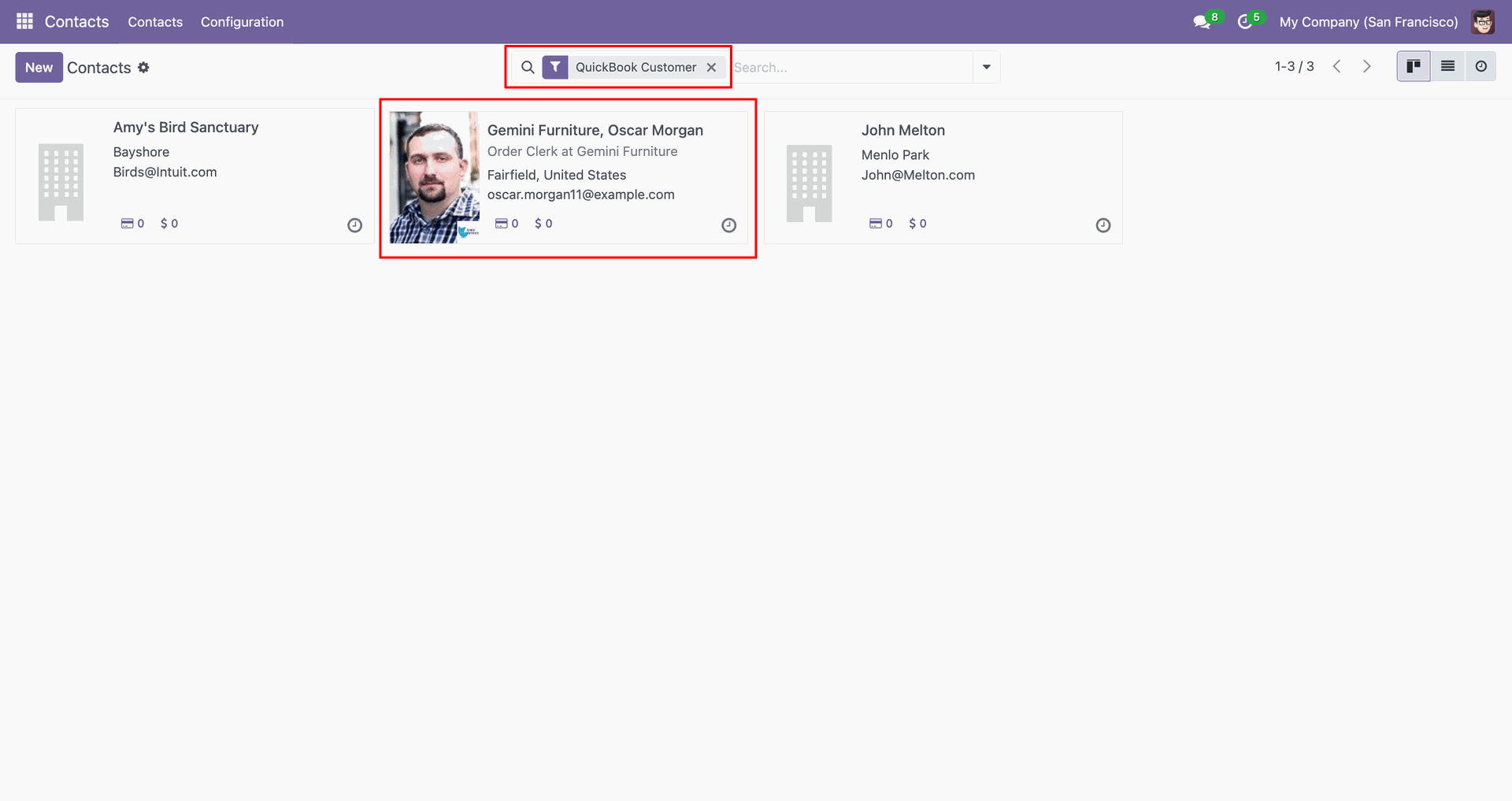 Filtered contacts showing the QuickBooks customer result.