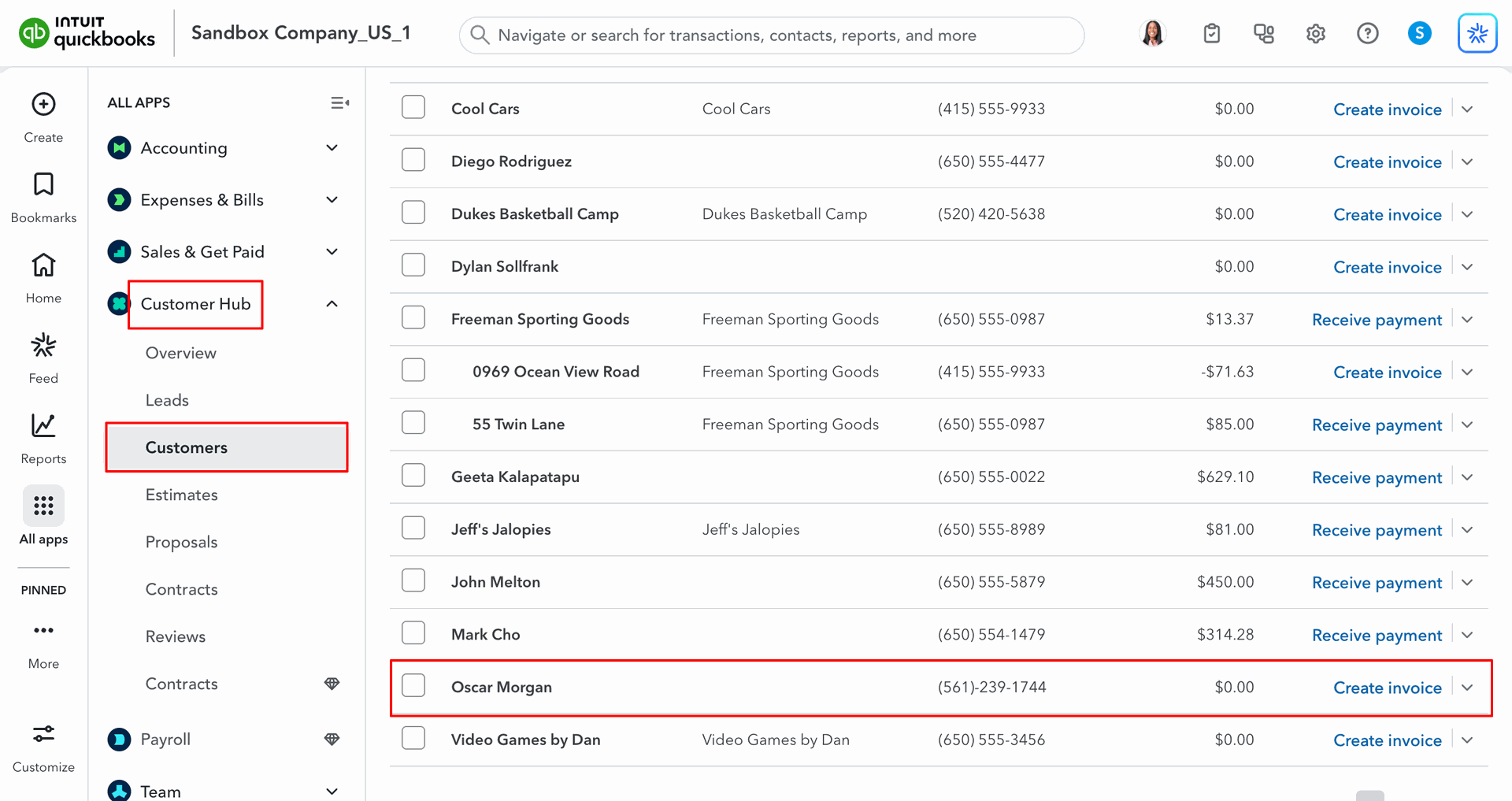 Customers list displayed in QuickBooks.