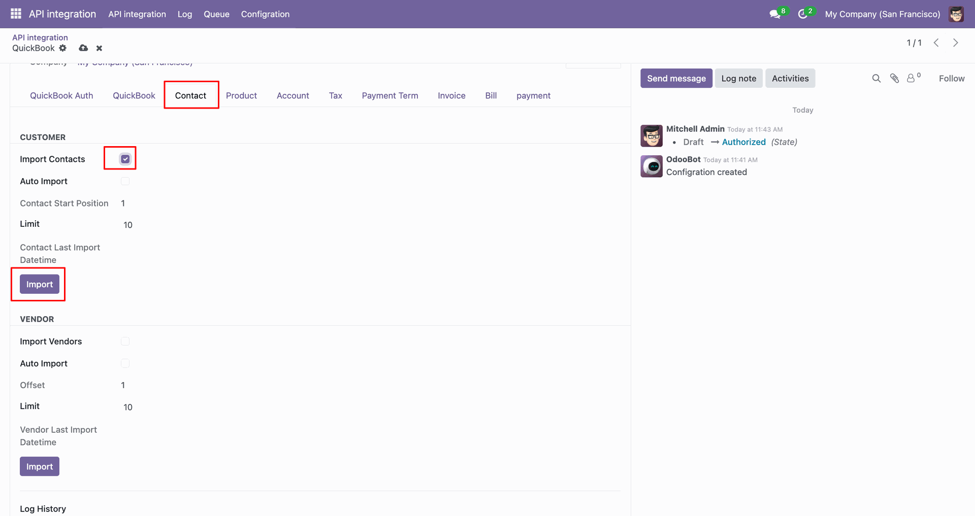 Contact tab with Import Contacts option enabled.