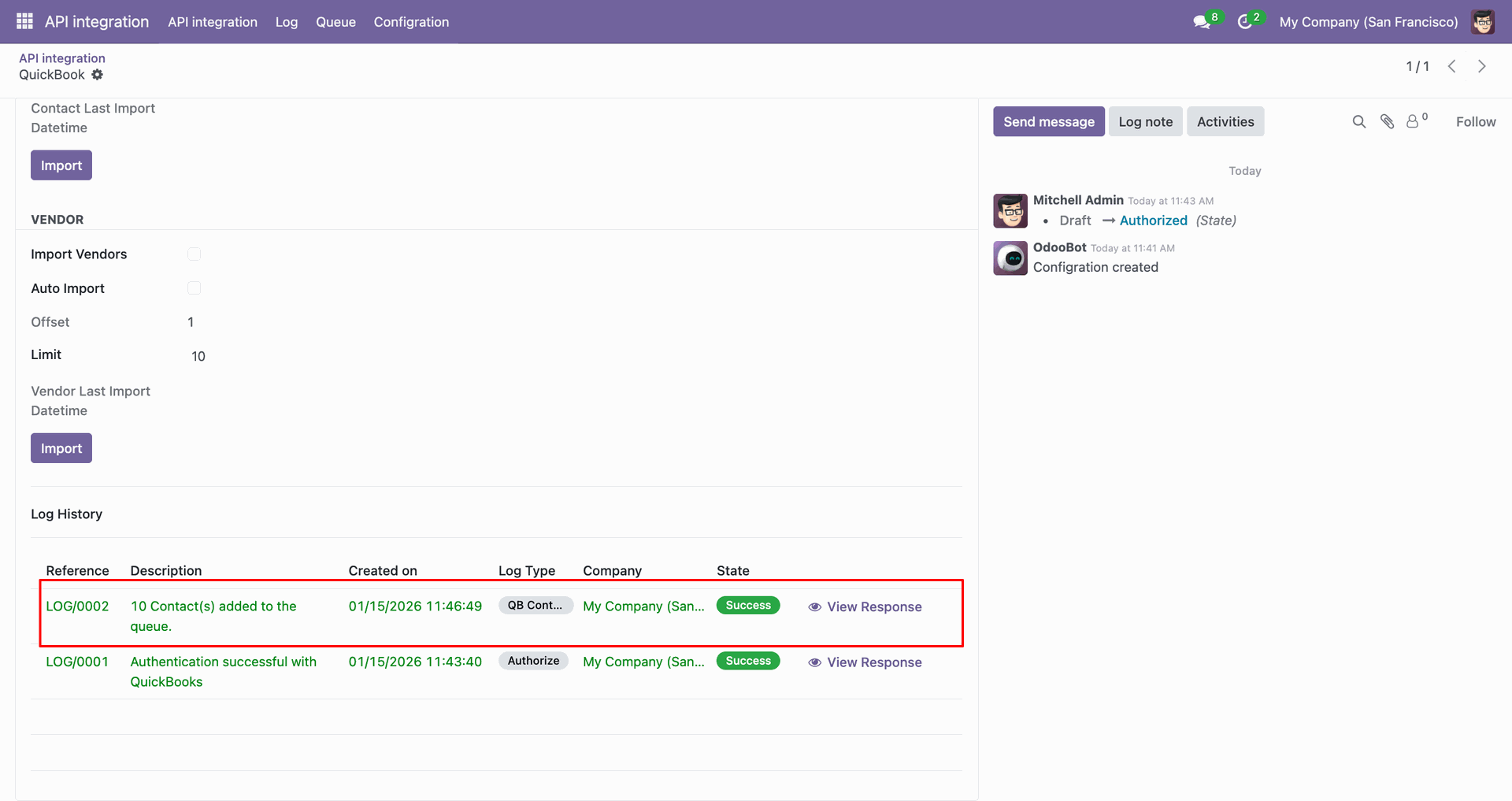 Contact import log showing successfully imported customer data.