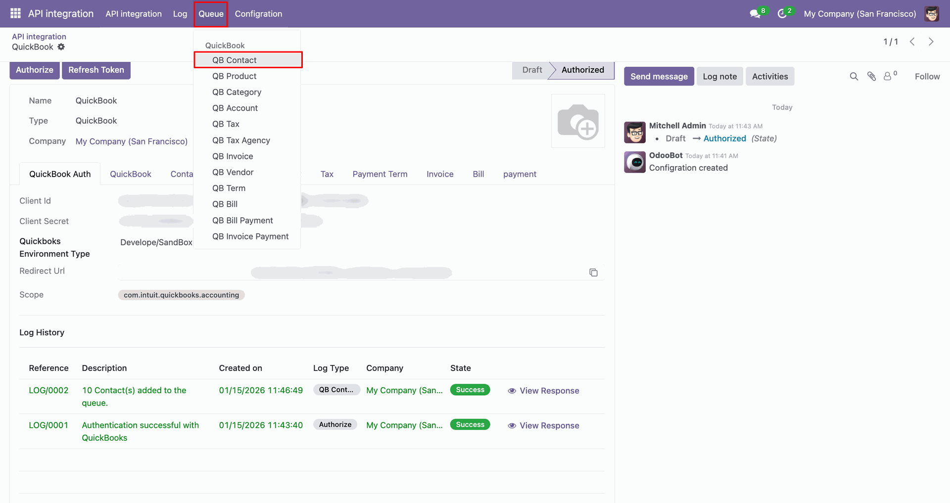 QB Contact option selected from the Queue menu.