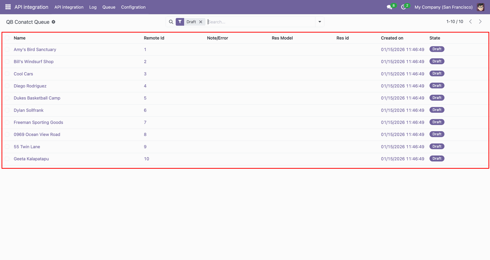 QB Contact queue showing customer records.