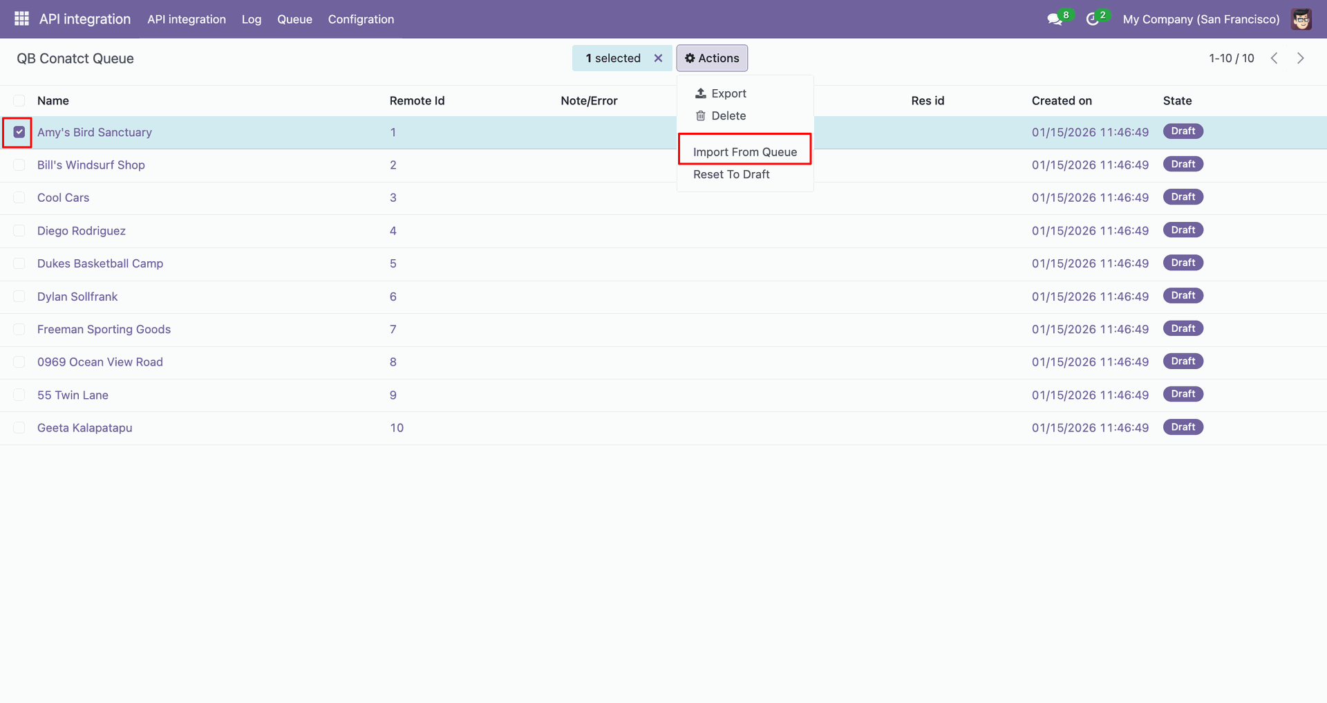 QB Contact queue with the Import from Queue action.