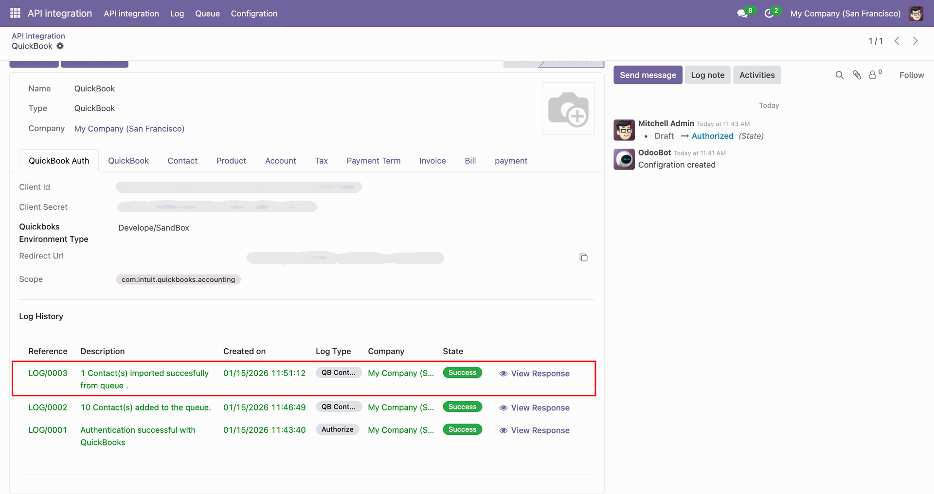 Customer synchronization log showing imported records and details.