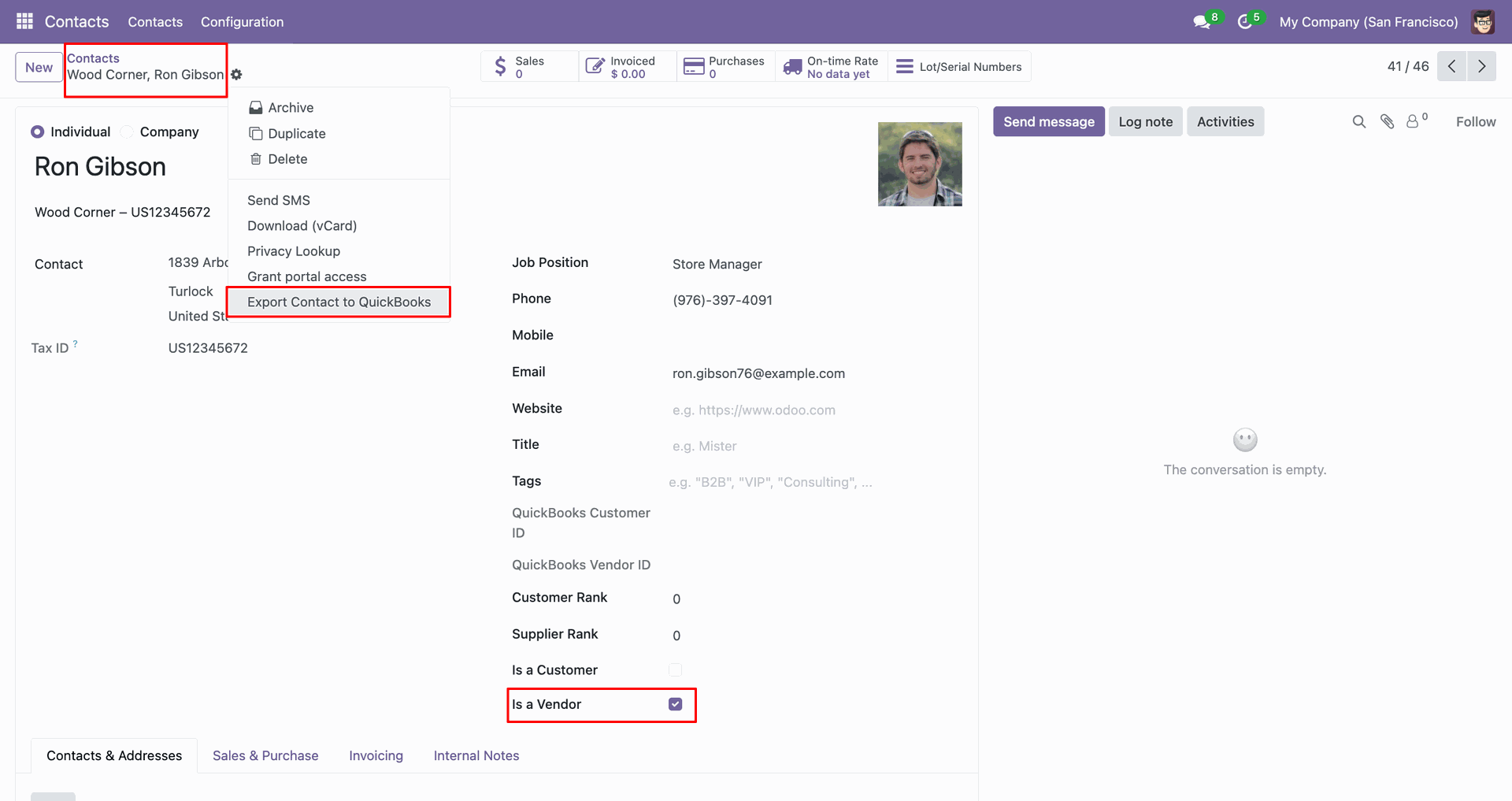 Vendor contact with the QuickBooks export option enabled.