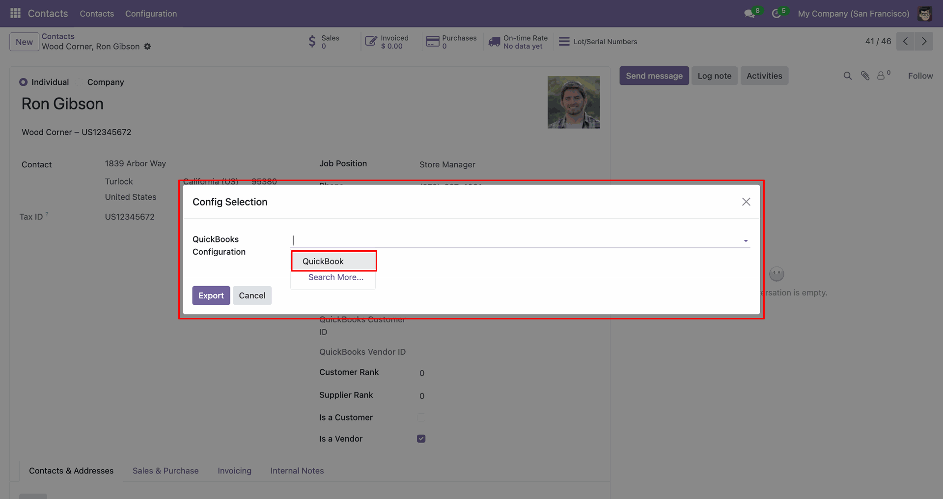 QuickBooks vendor export configuration popup.