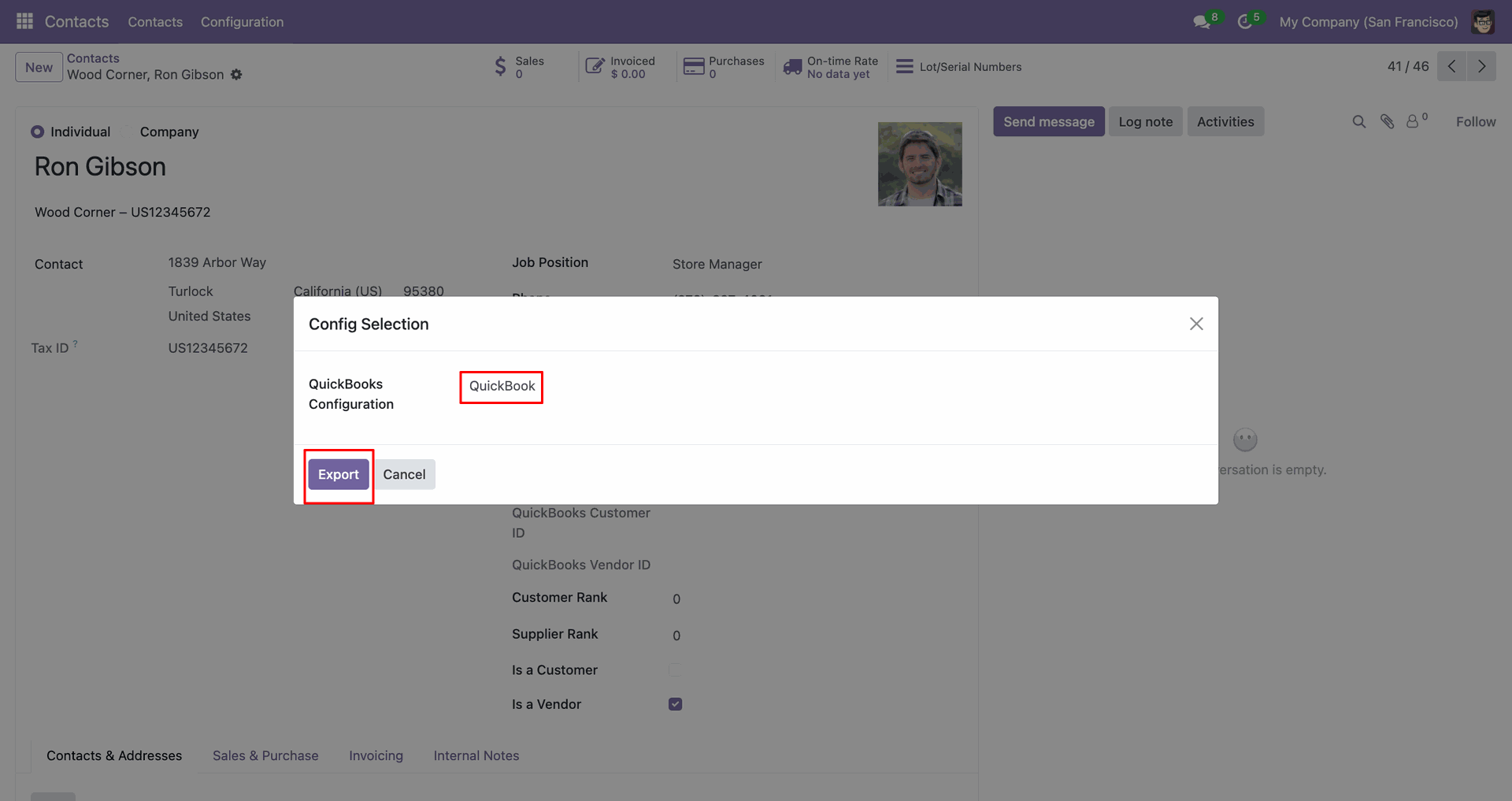 QuickBooks selected for vendor export.