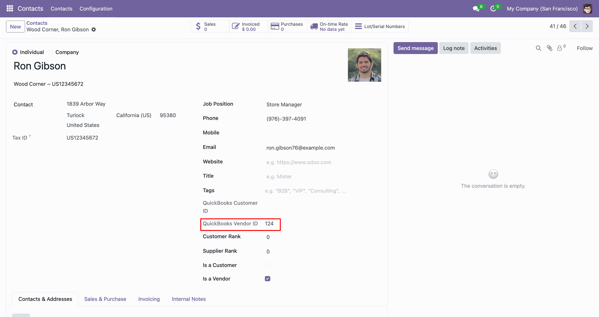 Vendor form showing QuickBooks vendor ID.