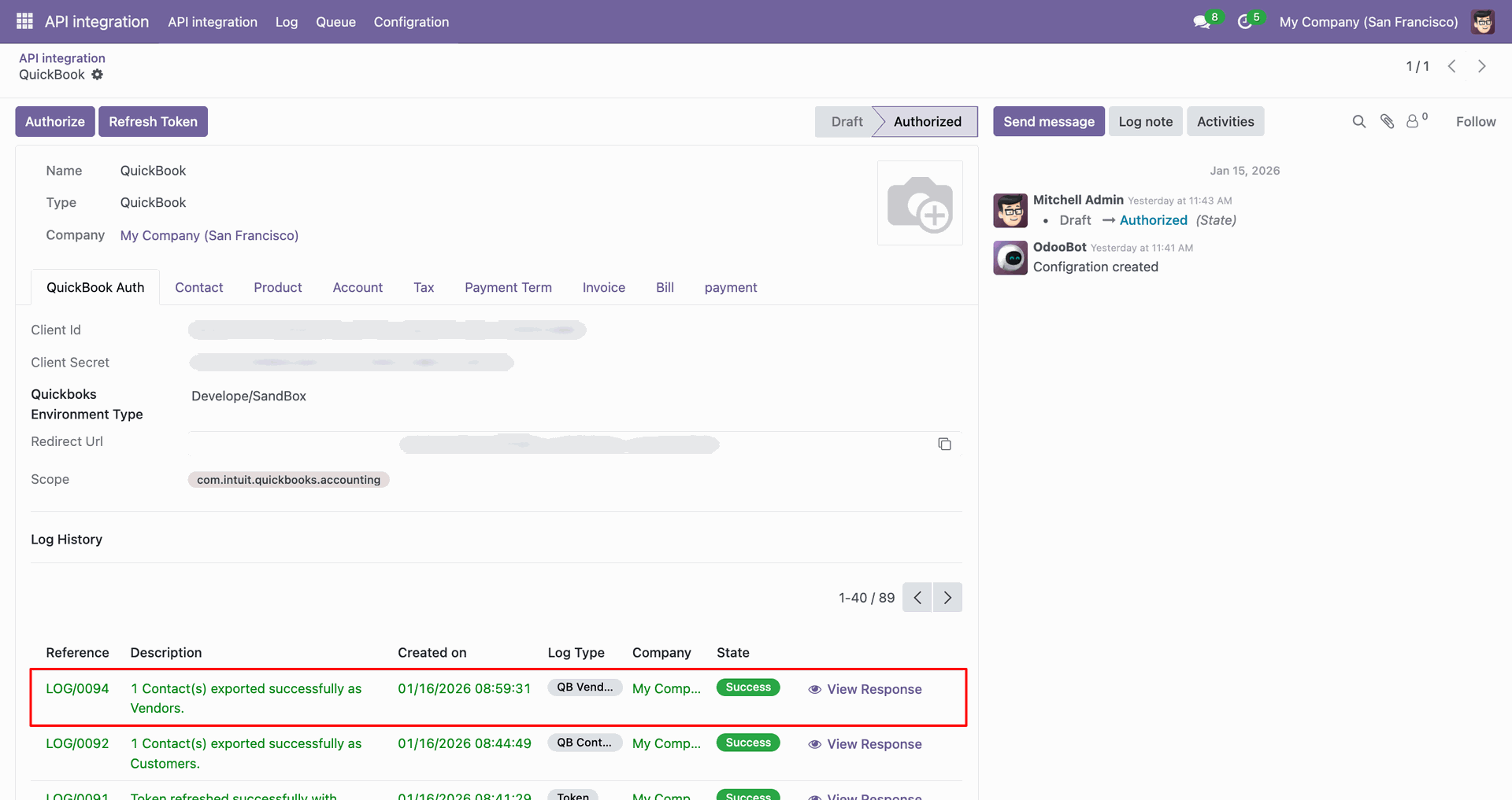 Vendor synchronization log with export details.