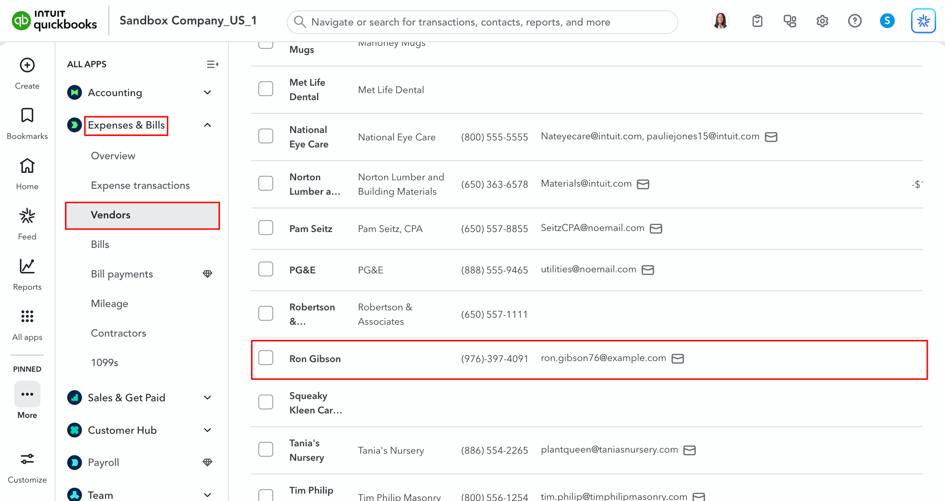 Vendors list displayed in QuickBooks.