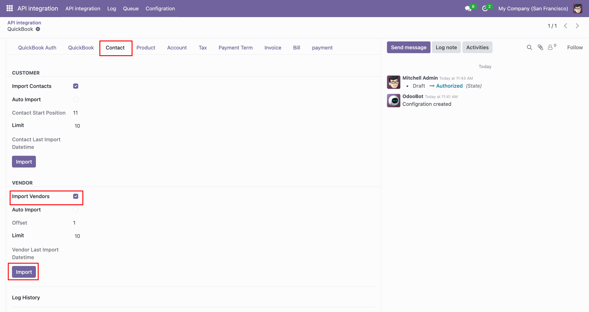 Import Vendors option enabled in the Contact tab.