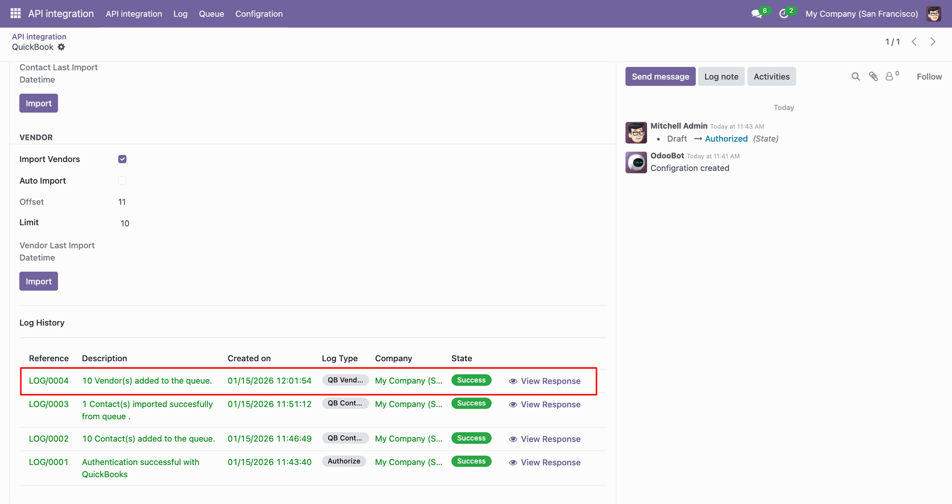 Vendor import synchronization log showing imported data.