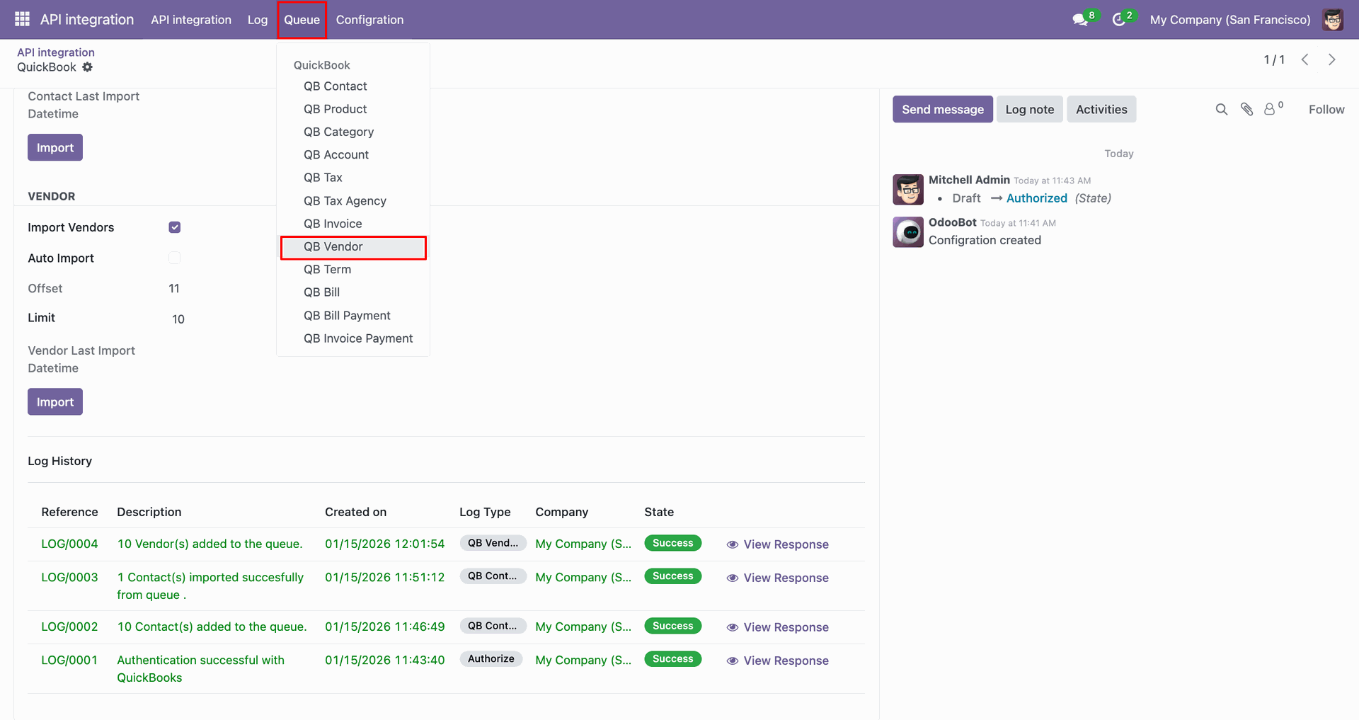QB Vendor option selected from the Queue menu.