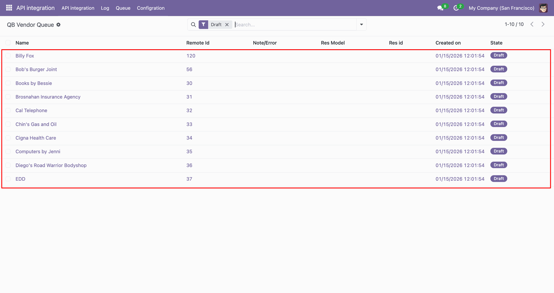 QB Vendor queue showing imported vendor records.