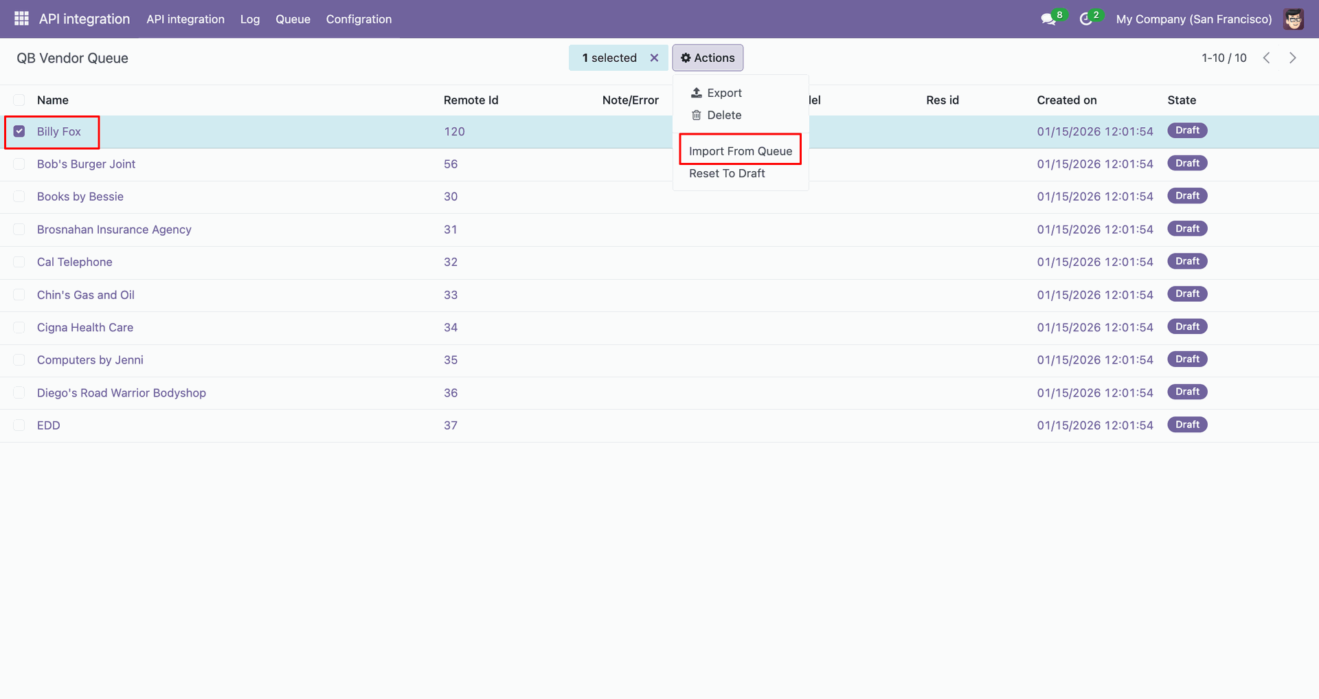 QB Vendor queue with the Import from Queue action.