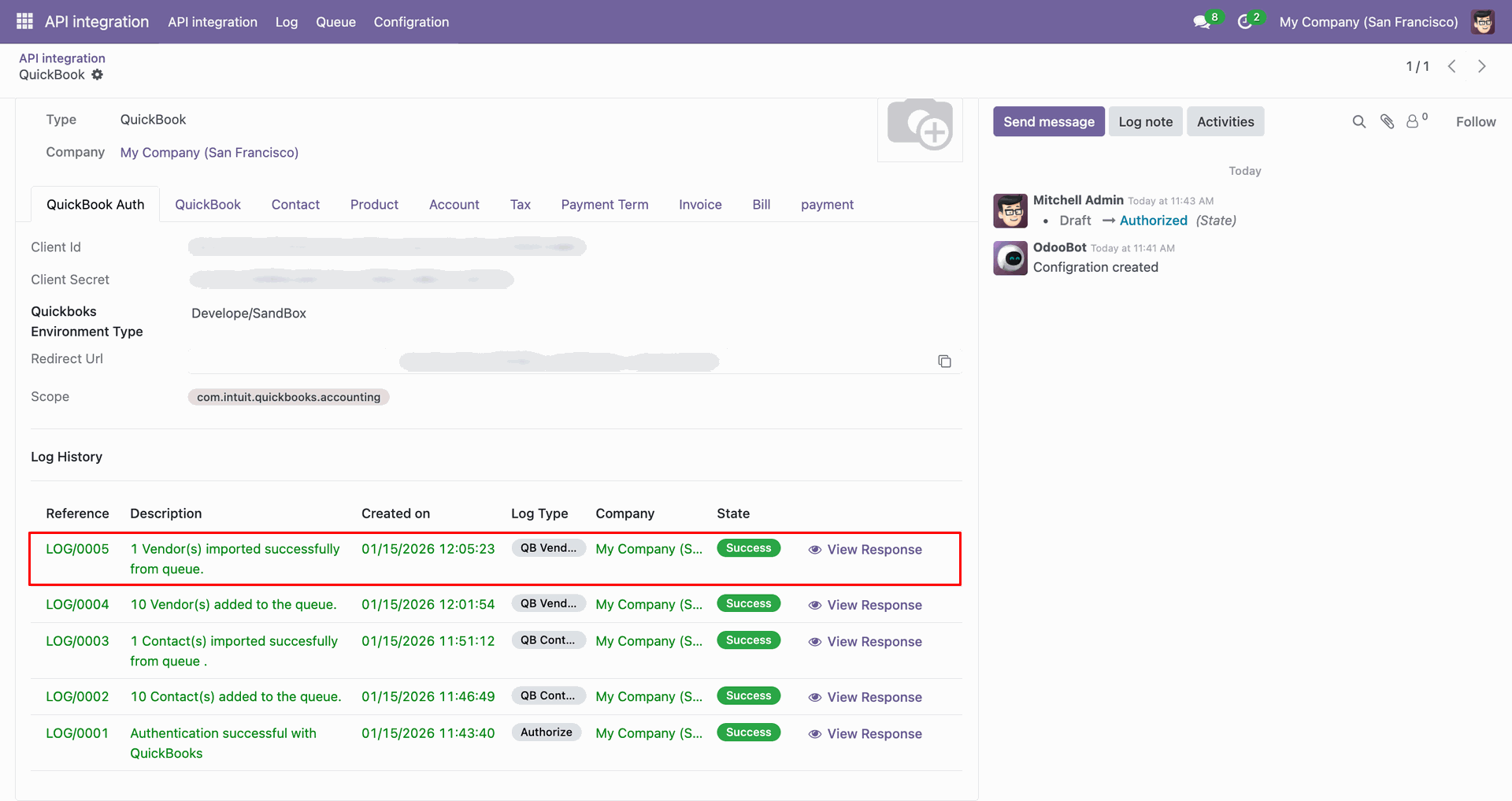 Vendor synchronization log showing successful import details.