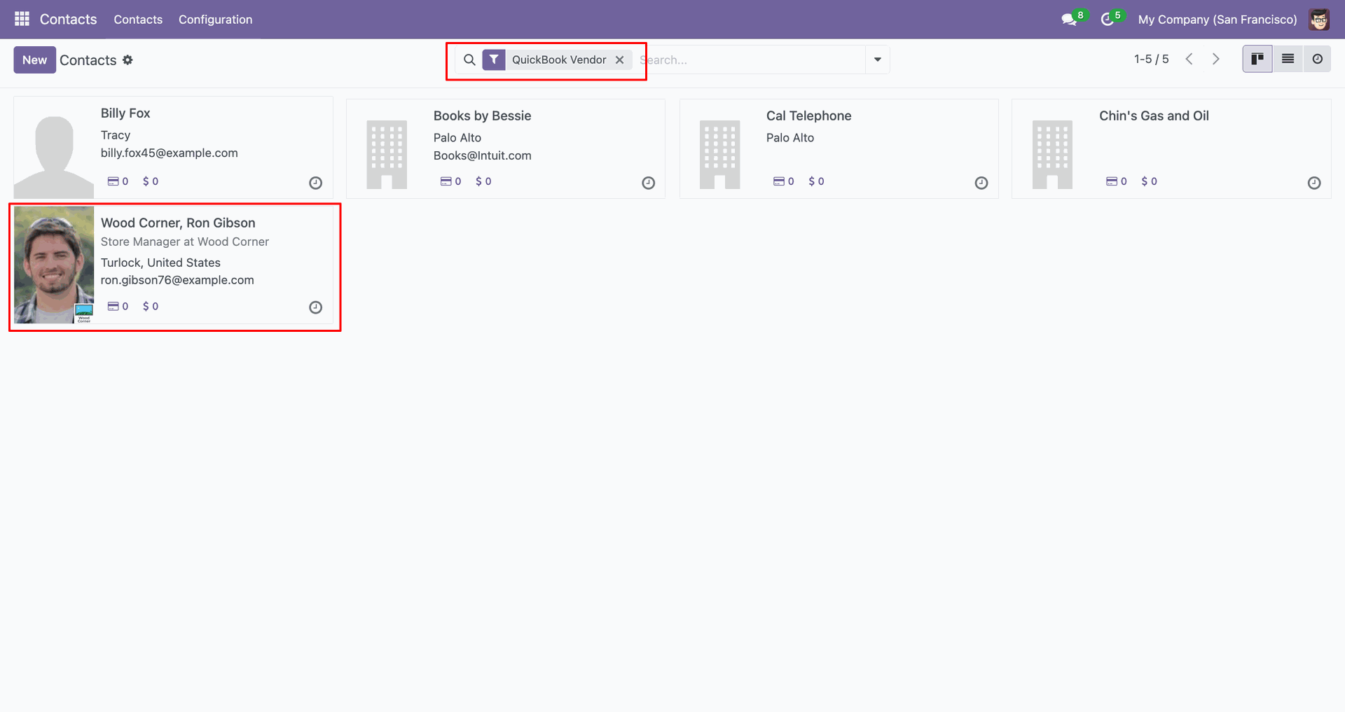 Filtered QuickBooks Vendor results.