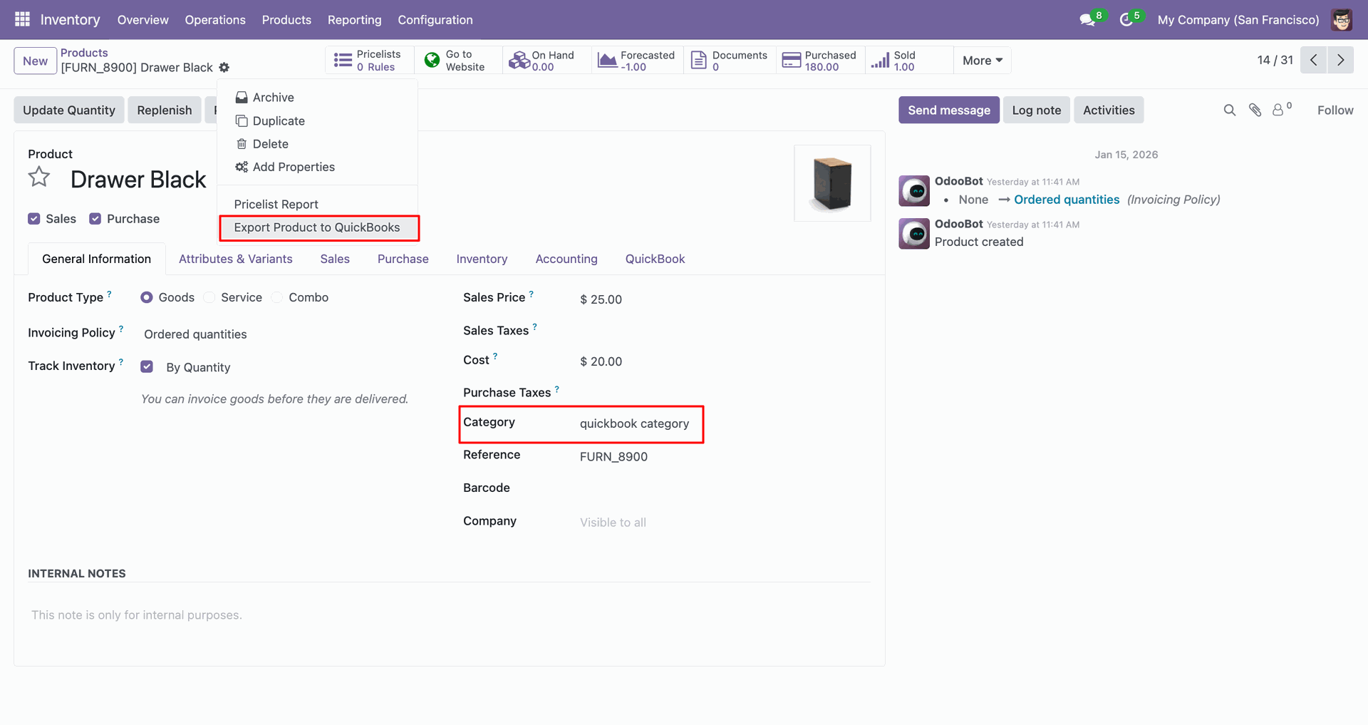 Product form showing QuickBooks category and export action.