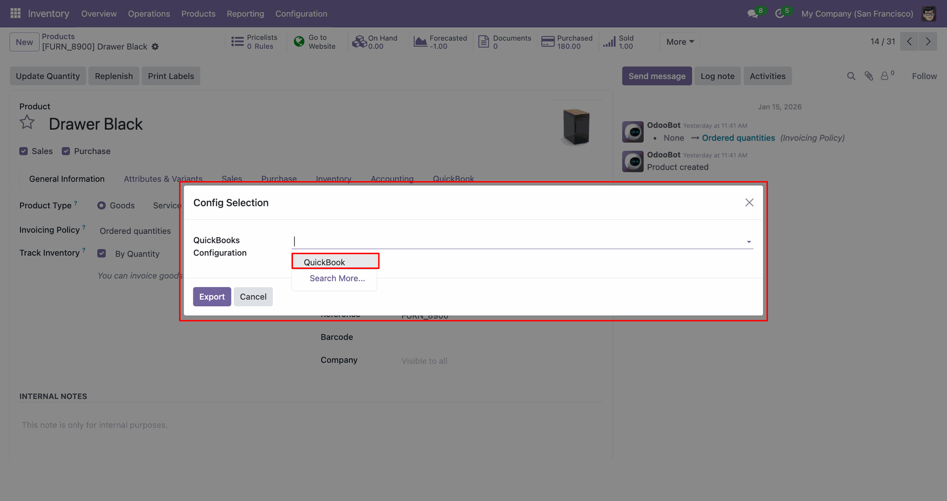 QuickBooks product export configuration popup.