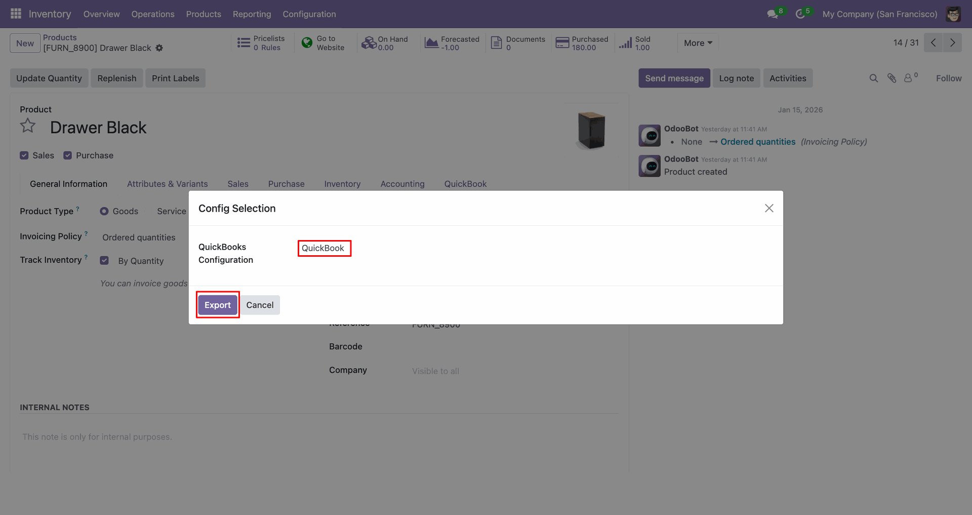 QuickBooks selected for product export.