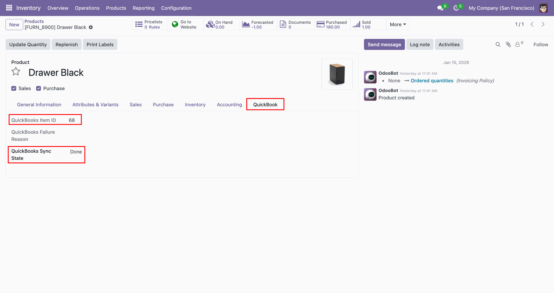 Product form showing QuickBooks ID and sync status.