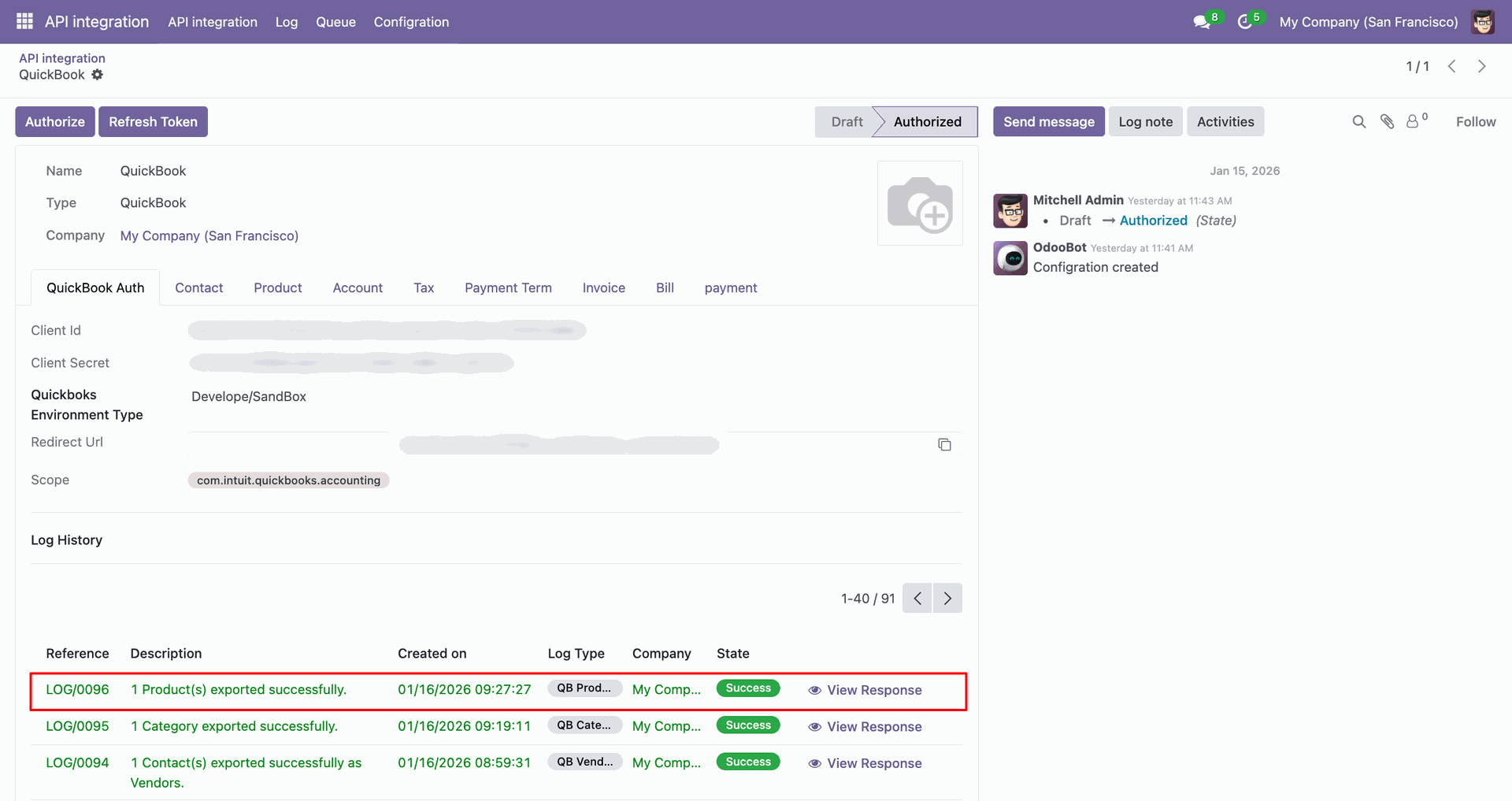 Product synchronization log showing export details.