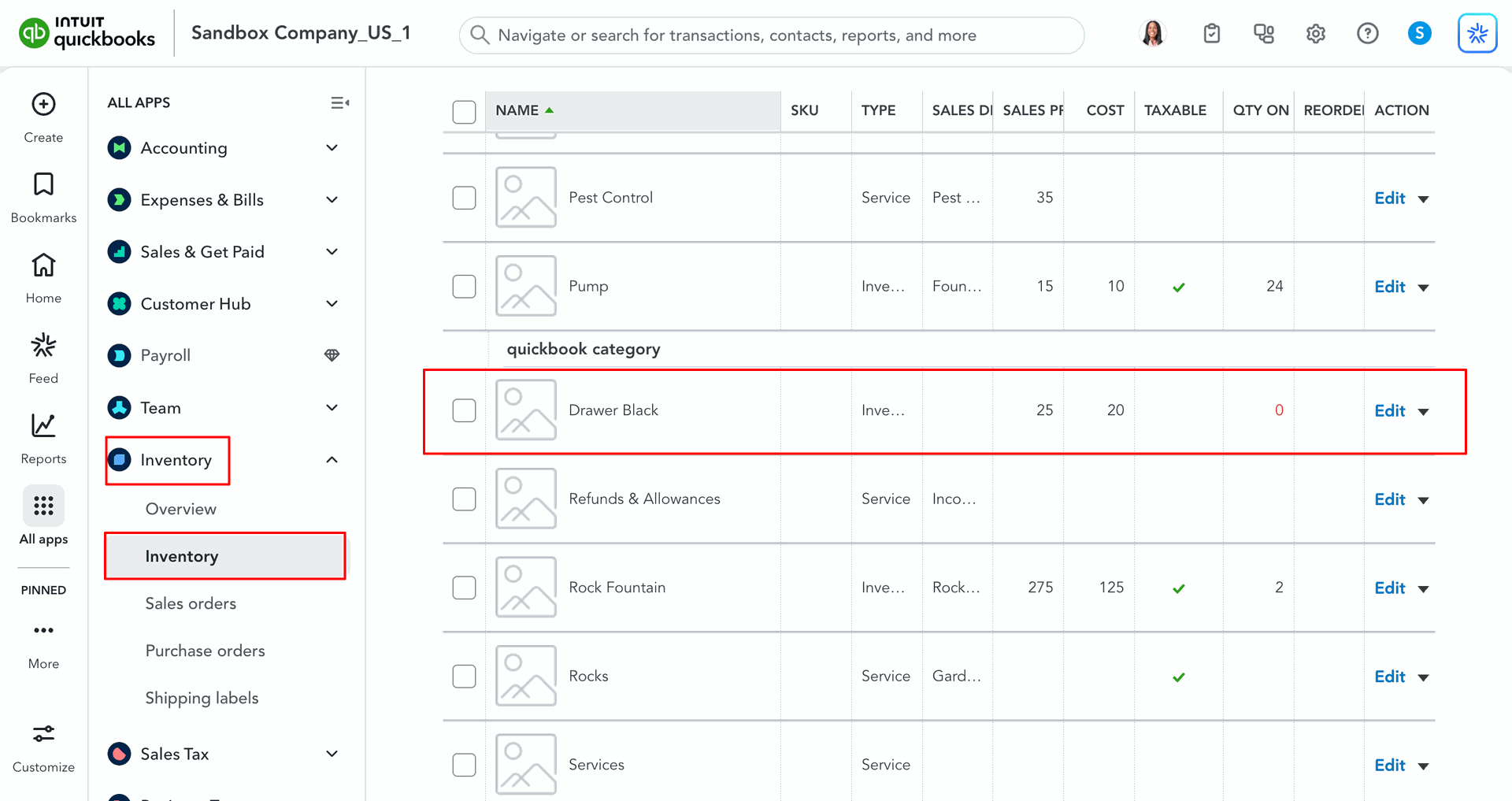 Products displayed in QuickBooks Inventory.