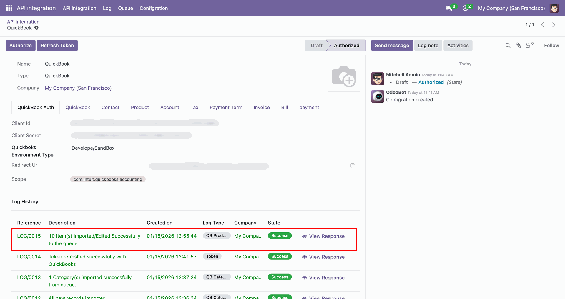 Product synchronization log showing imported data.