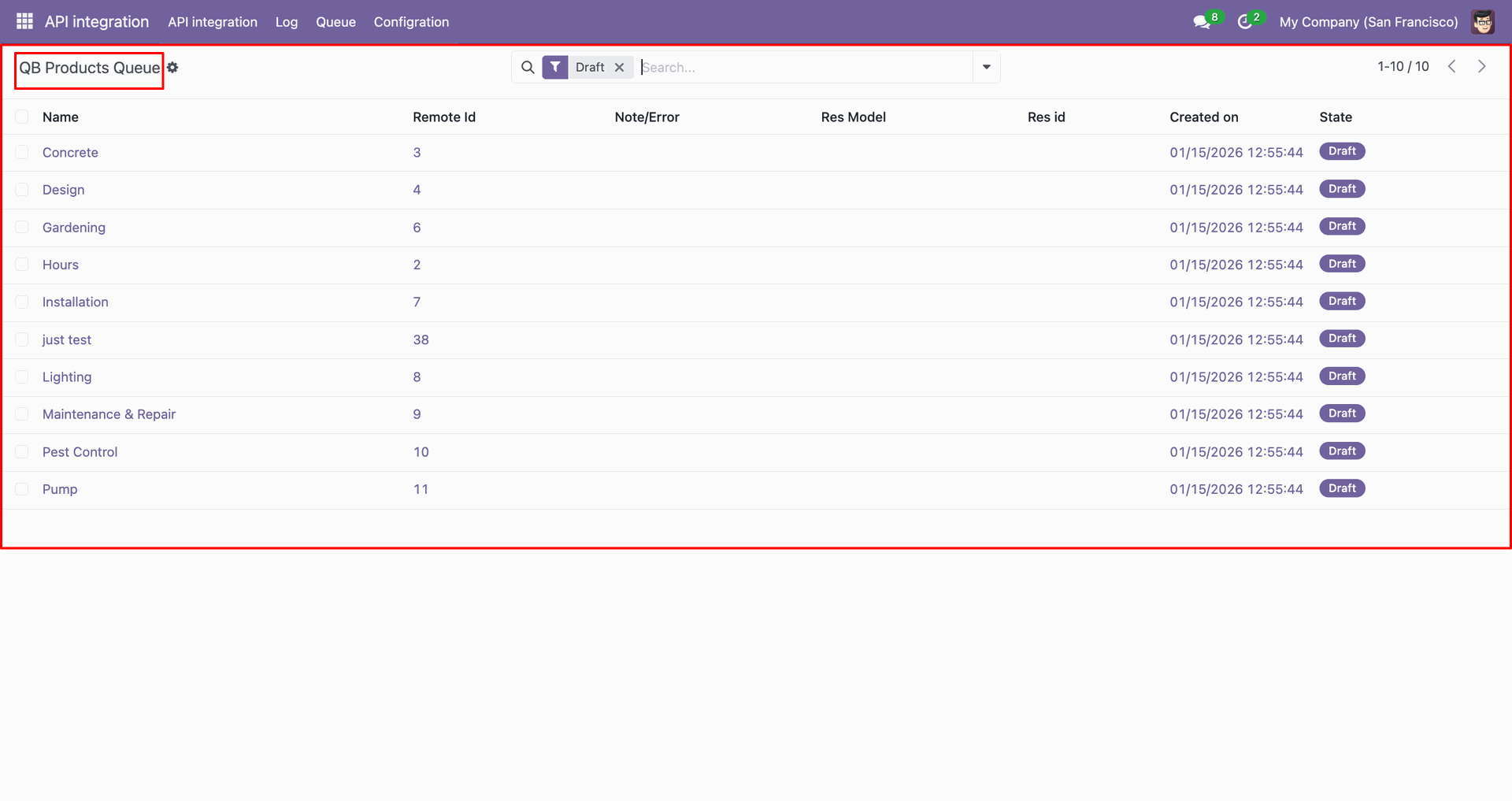 QB Product queue showing product records.