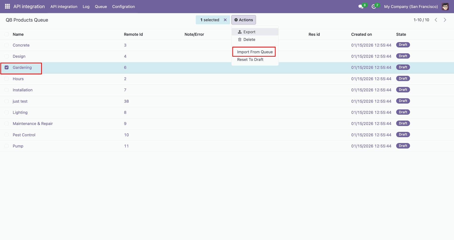 QB Product queue with the Import from Queue action.