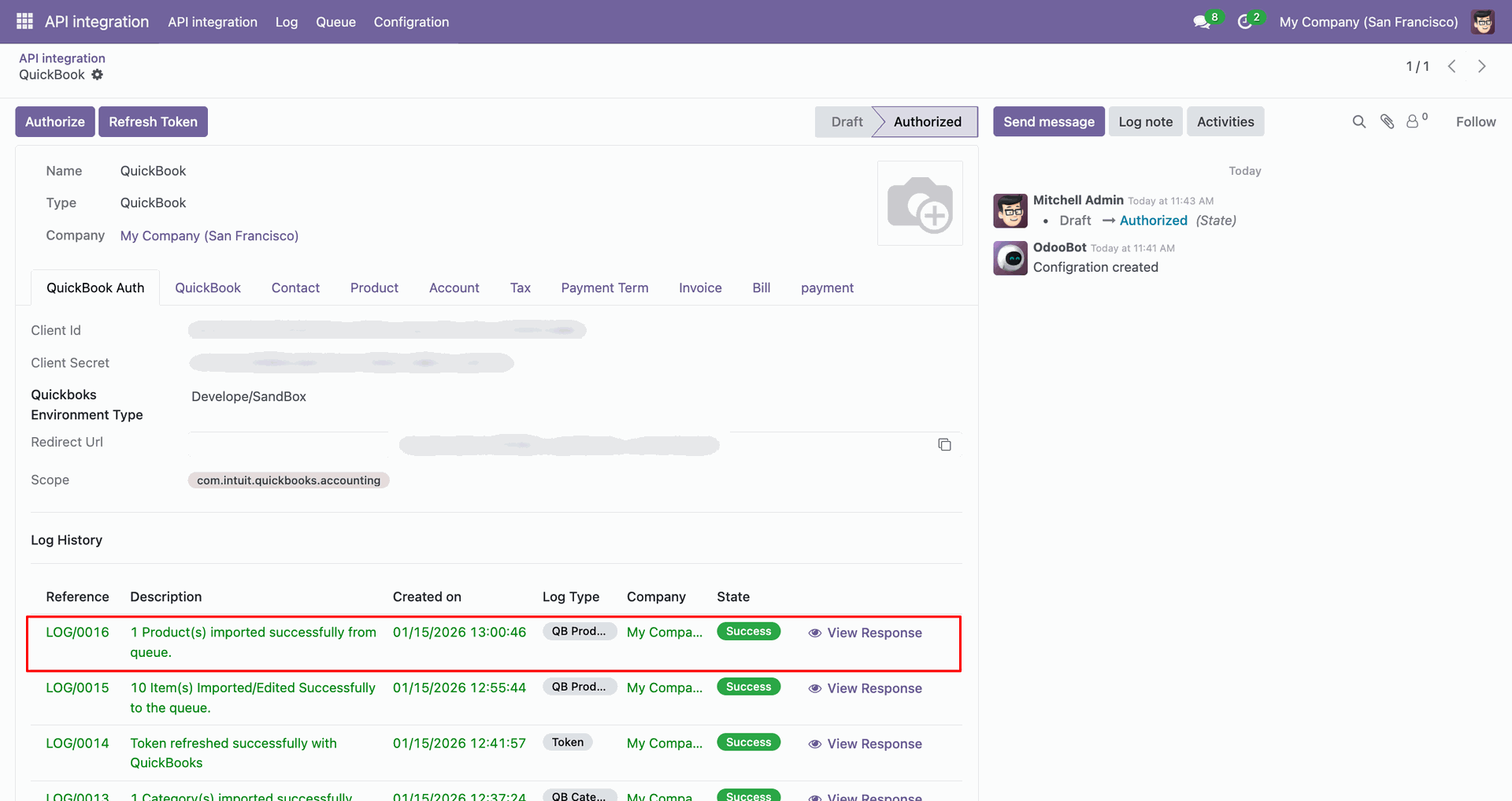 Product synchronization log showing import details.