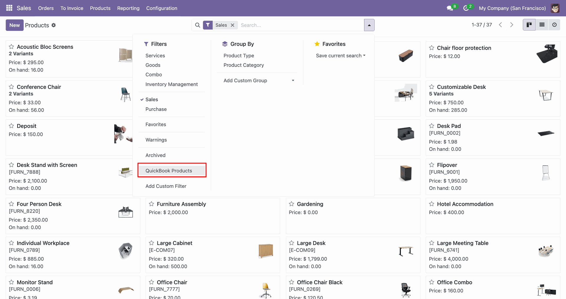QuickBooks Product filter options.
