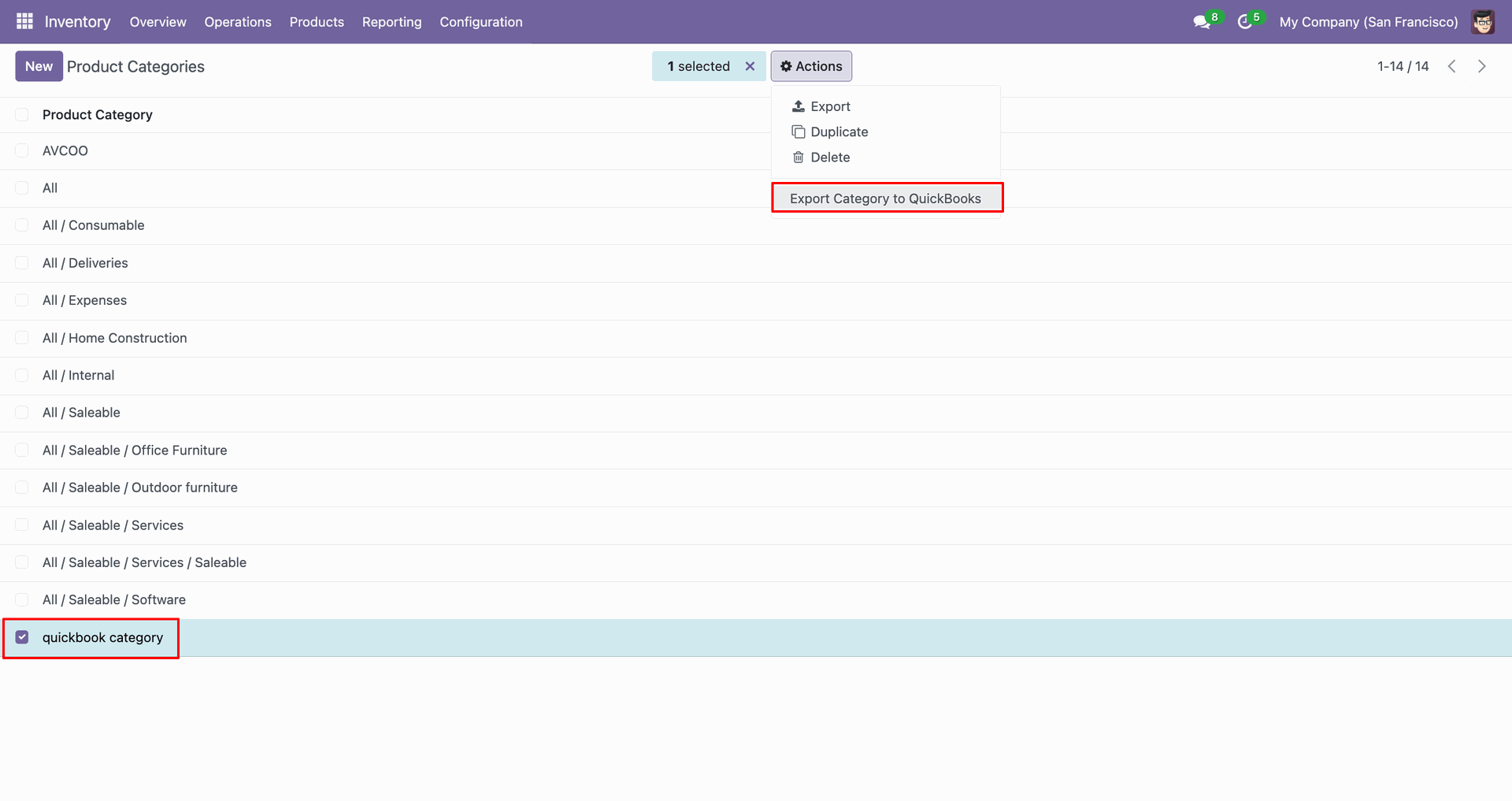 Product Categories list with the Export Category to QuickBooks action.