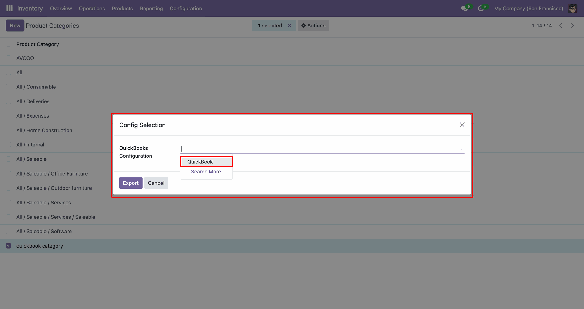 QuickBooks category export configuration popup.