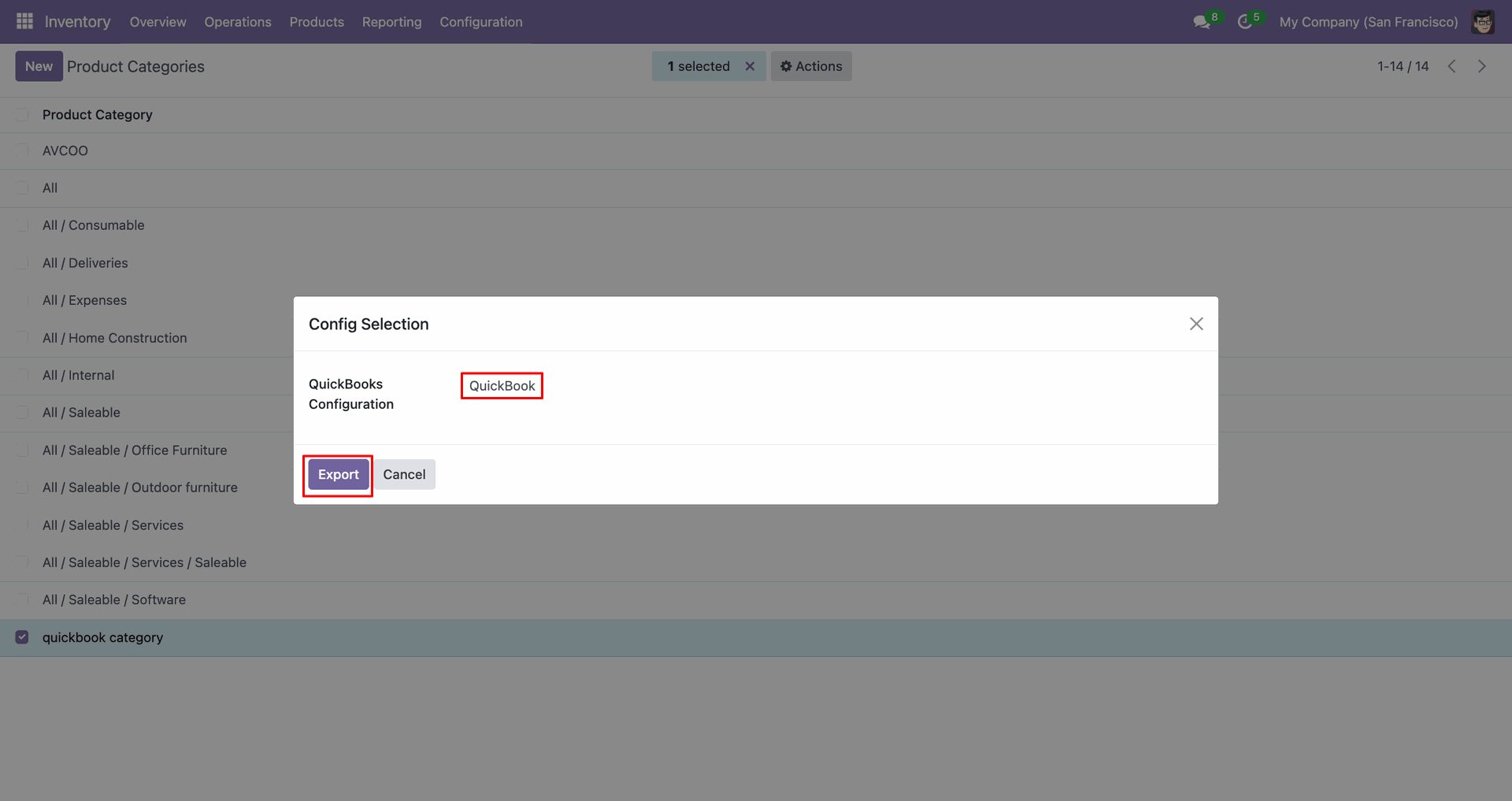 QuickBooks selected for product category export.