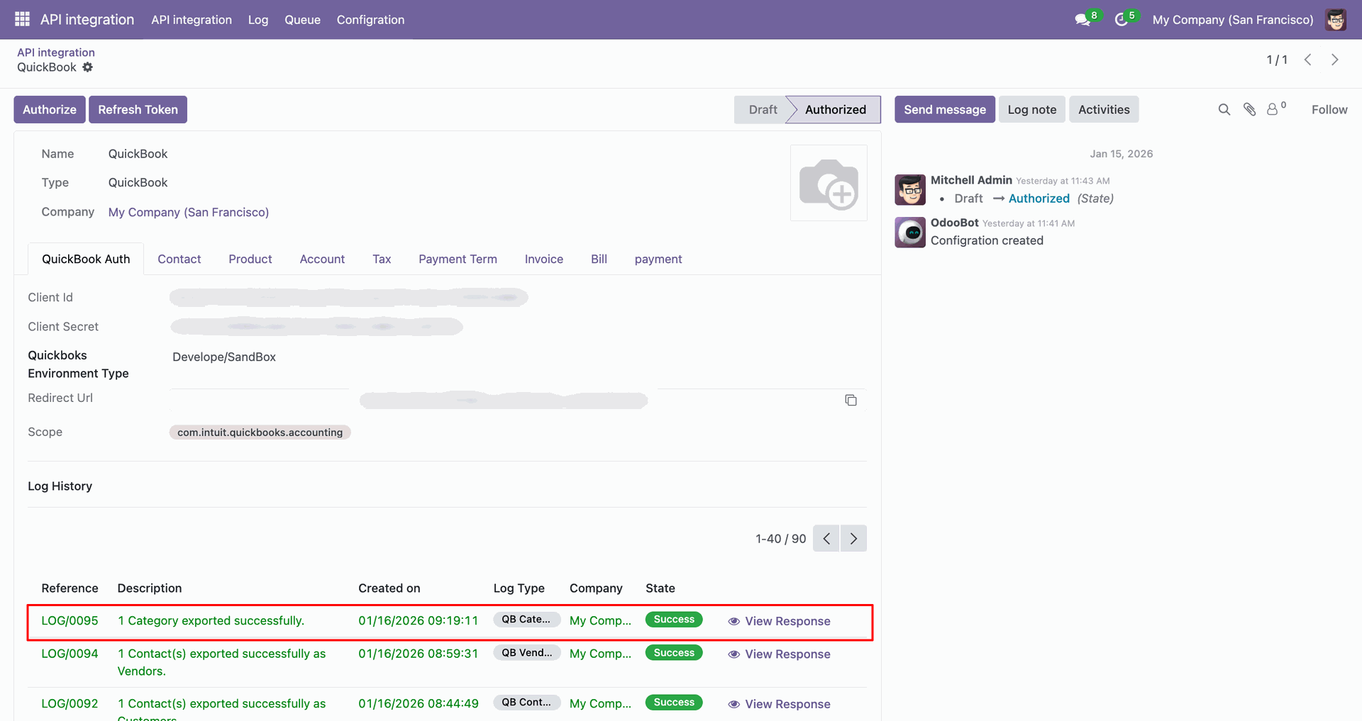 Product category synchronization log showing export details.